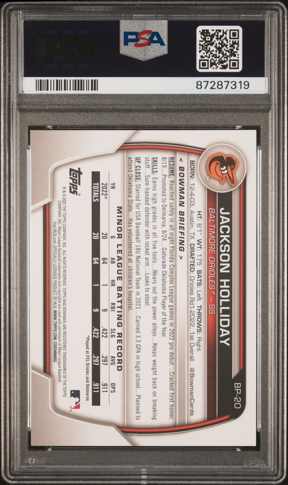 2023 Bowman - Paper Prospects Jackson Holliday #BP-20 (RC). PSA 10 GEM MT.