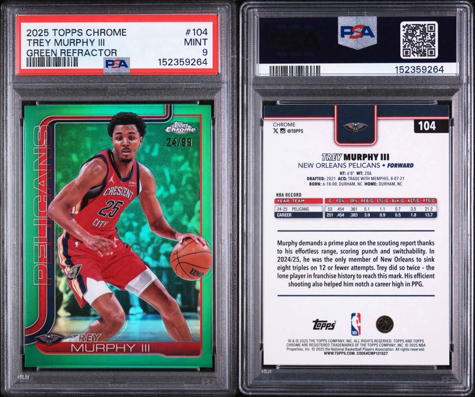 2025-26 Topps Chrome - Trey Murphy III #104 Green Refractor /99. PSA 9 MINT