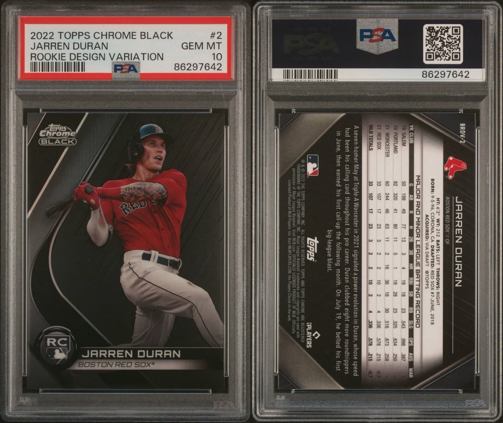 2022 Topps Chrome Black Jarren Duran Rookie Design Variation #2. PSA 10. Pop 7!