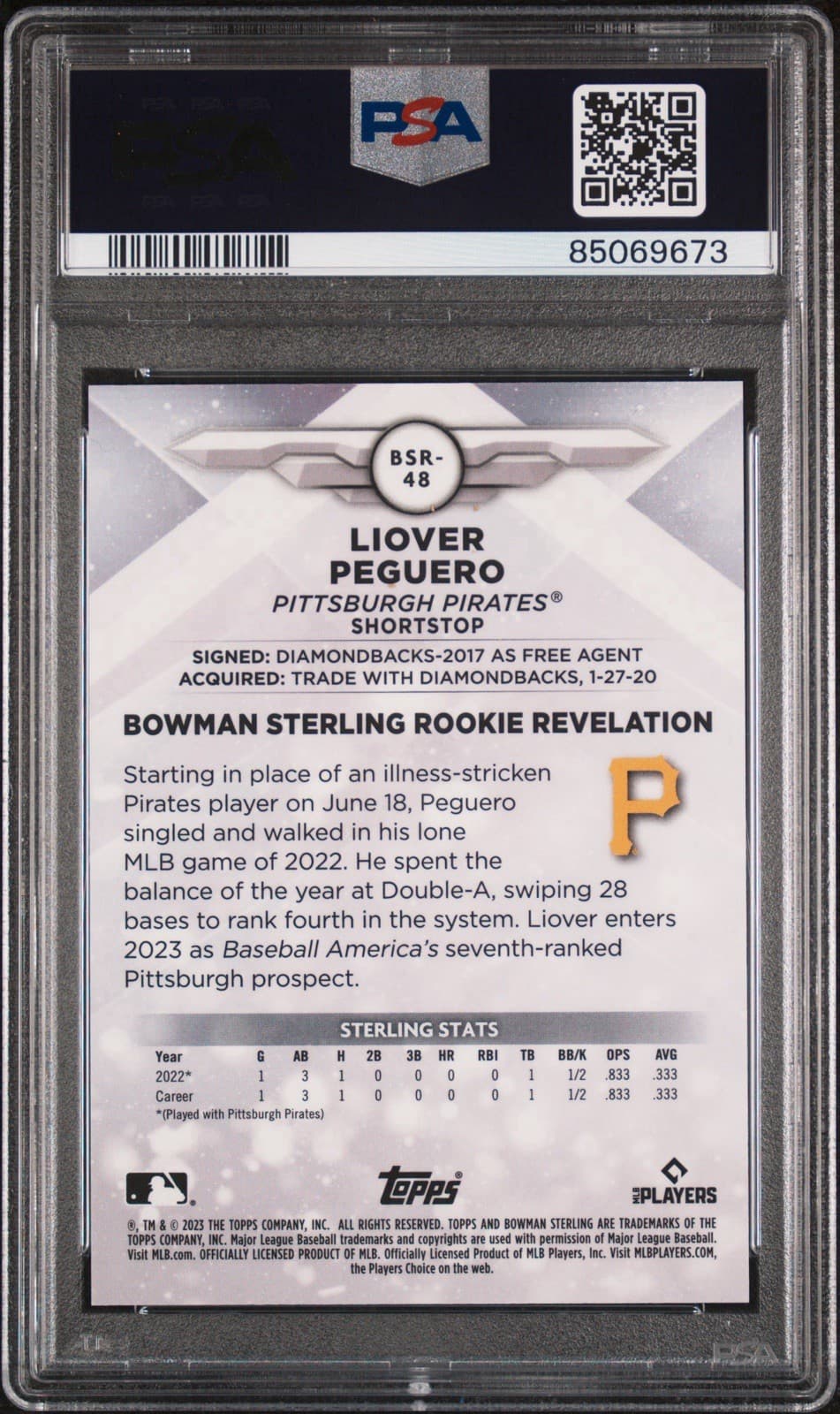 2023 Bowman Sterling Liover Peguero (RC) Red Refractor /5. PSA 10 GEM MT. Pop 2