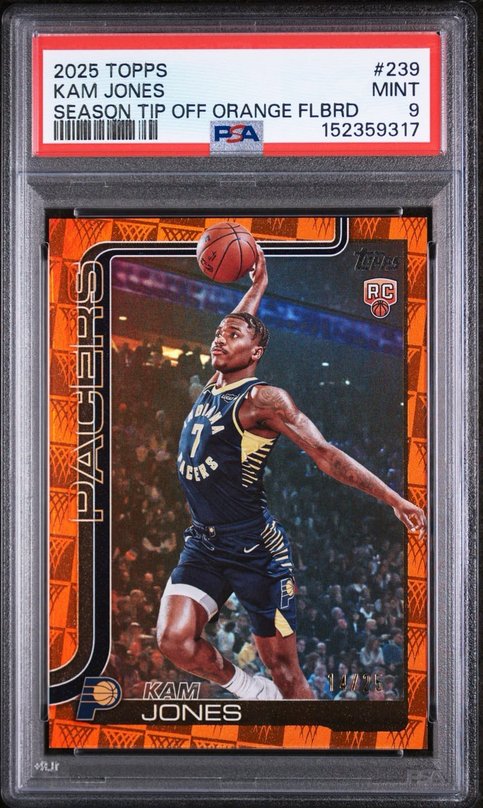 2025-26 Topps - Kam Jones #239 (RC) Season Tip-Off Orange Foilboard /25. PSA 9