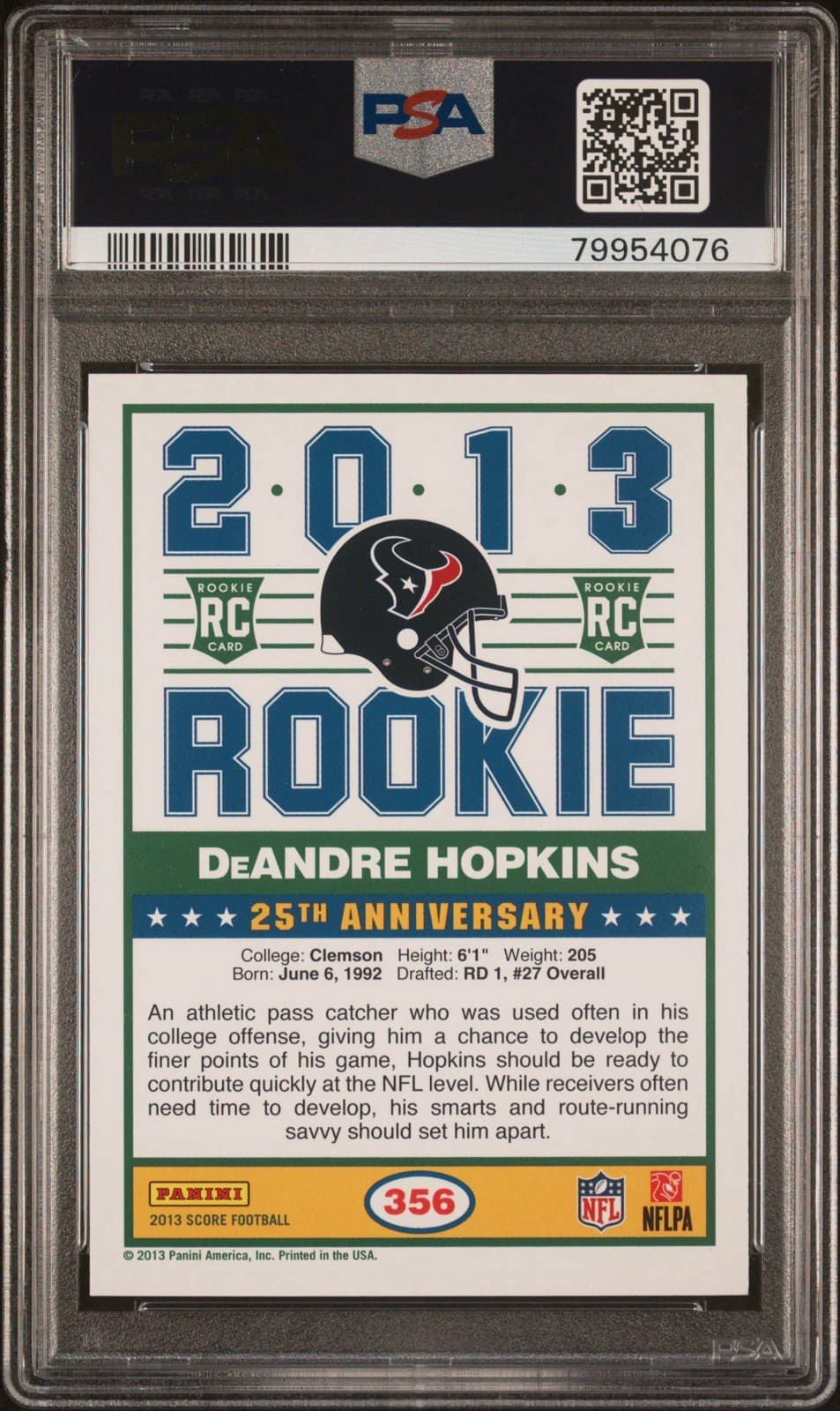 2013 Panini Score - 2013 Rookie - DeAndre Hopkins #356 (RC). PSA 9 Mint