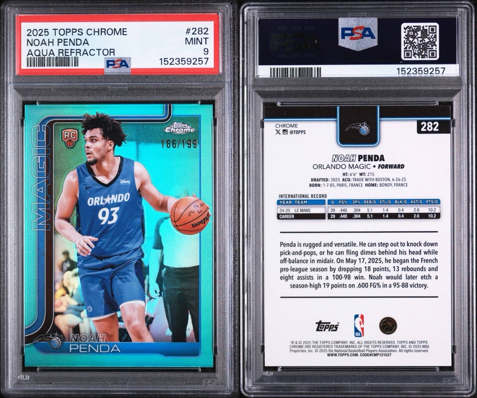 2025-26 Topps Chrome - Noah Penda #282 Aqua Refractor /199 (RC). PSA 9 MINT