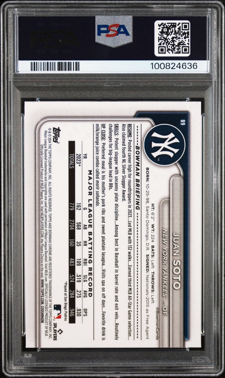 2024 Bowman Chrome - Juan Soto #89 Blue Mojo Refractor /150. PSA 8.