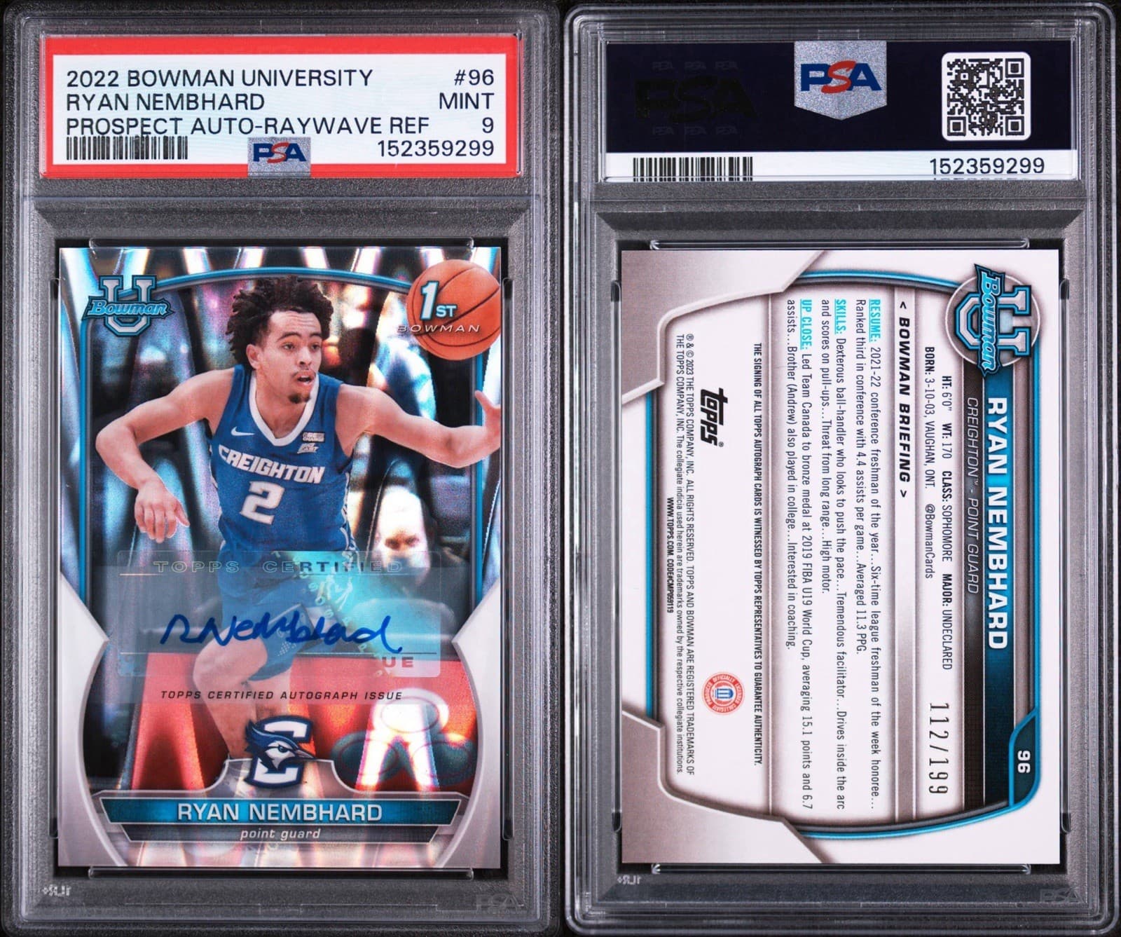 2022 Bowman Univ Chrome Ryan Nembhard #96 Prospect Auto - RayWave Ref /199 PSA 9