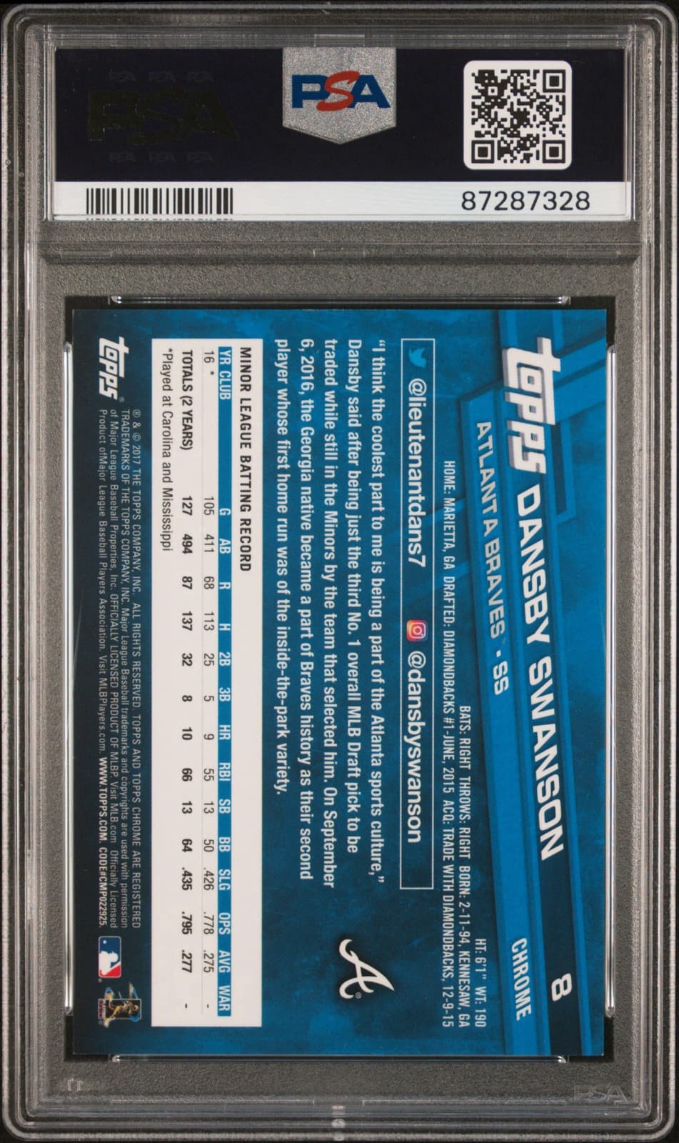 2017 Topps Chrome - Vertical Negative Refractor Dansby Swanson (RC) PSA 9. Pop 6