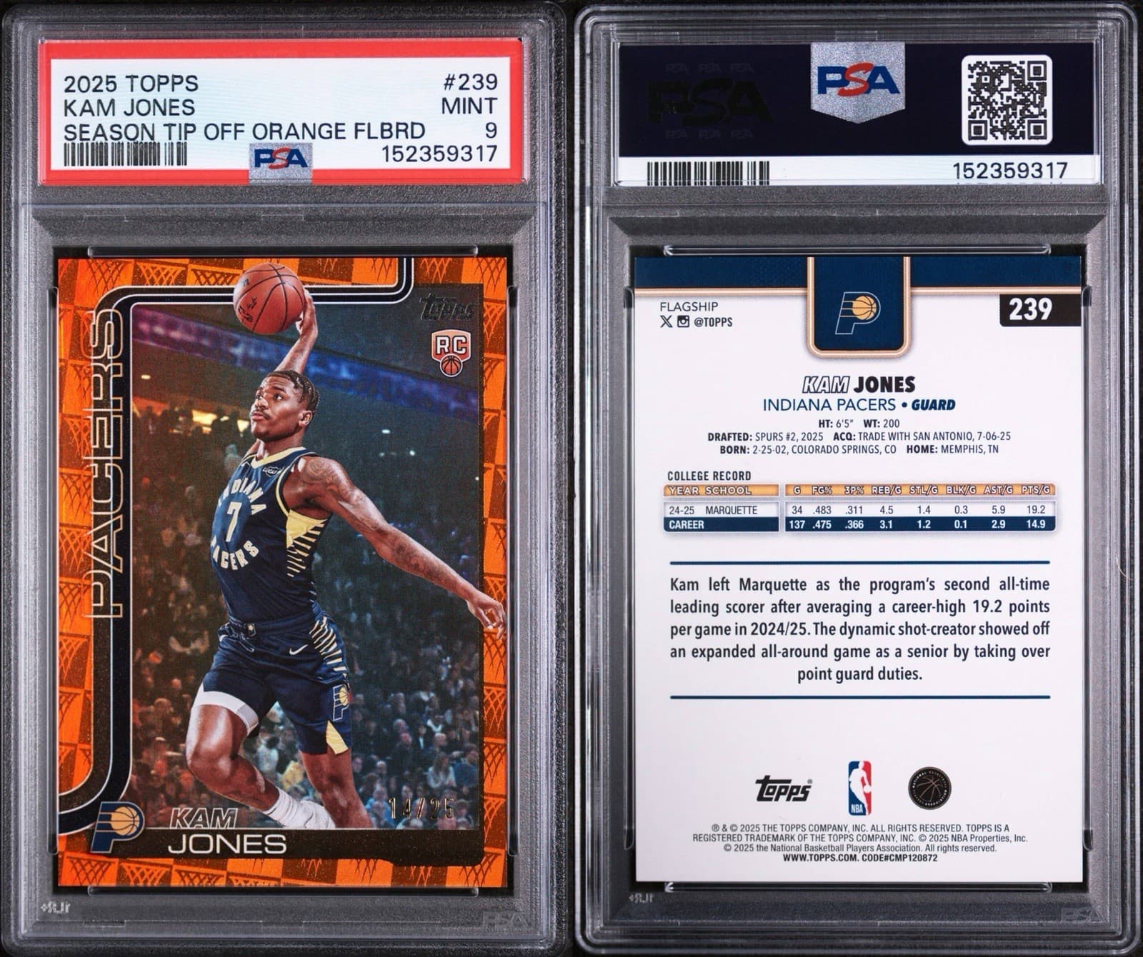 2025-26 Topps - Kam Jones #239 (RC) Season Tip-Off Orange Foilboard /25. PSA 9