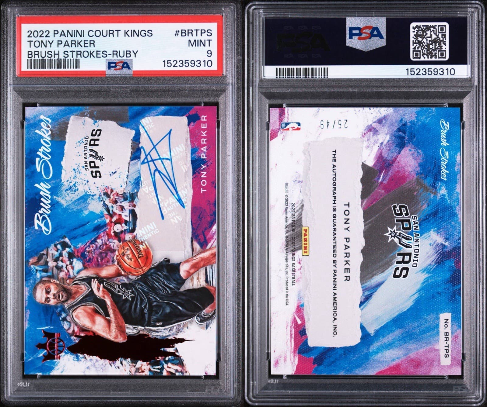 2022 PANINI COURT KINGS BRUSH STROKES  - TONY PARKER AUTO - RUBY /49. PSA 9 MINT