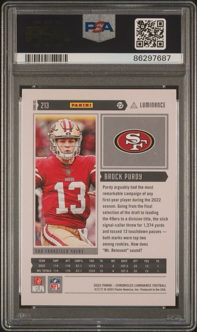 2022 Panini Chronicles - Luminance Update Rookies #213 Brock Purdy (RC) PSA 10 