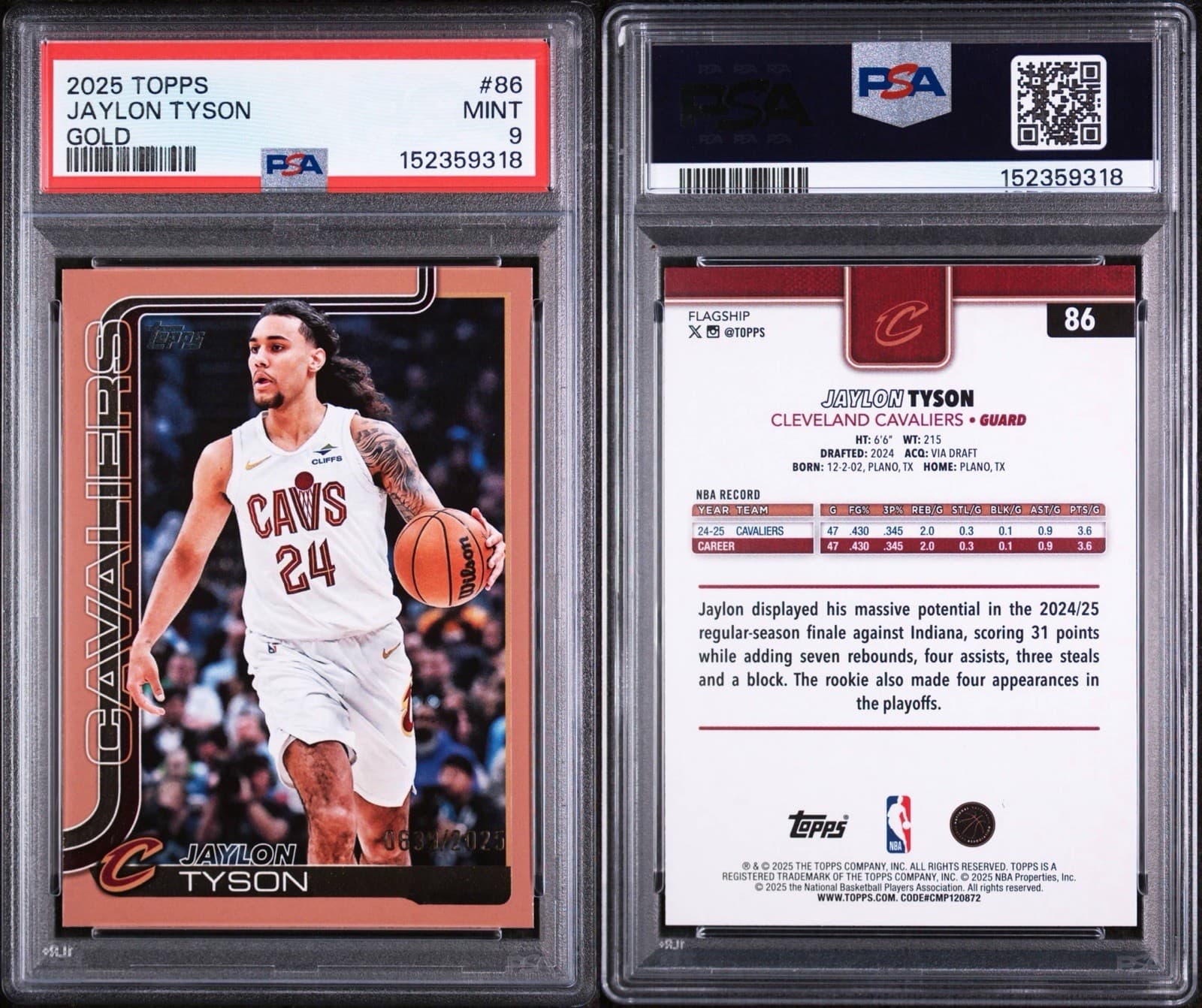 2025-26 Topps - Jaylon Tyson #86 Gold /2025. PSA 9 MINT