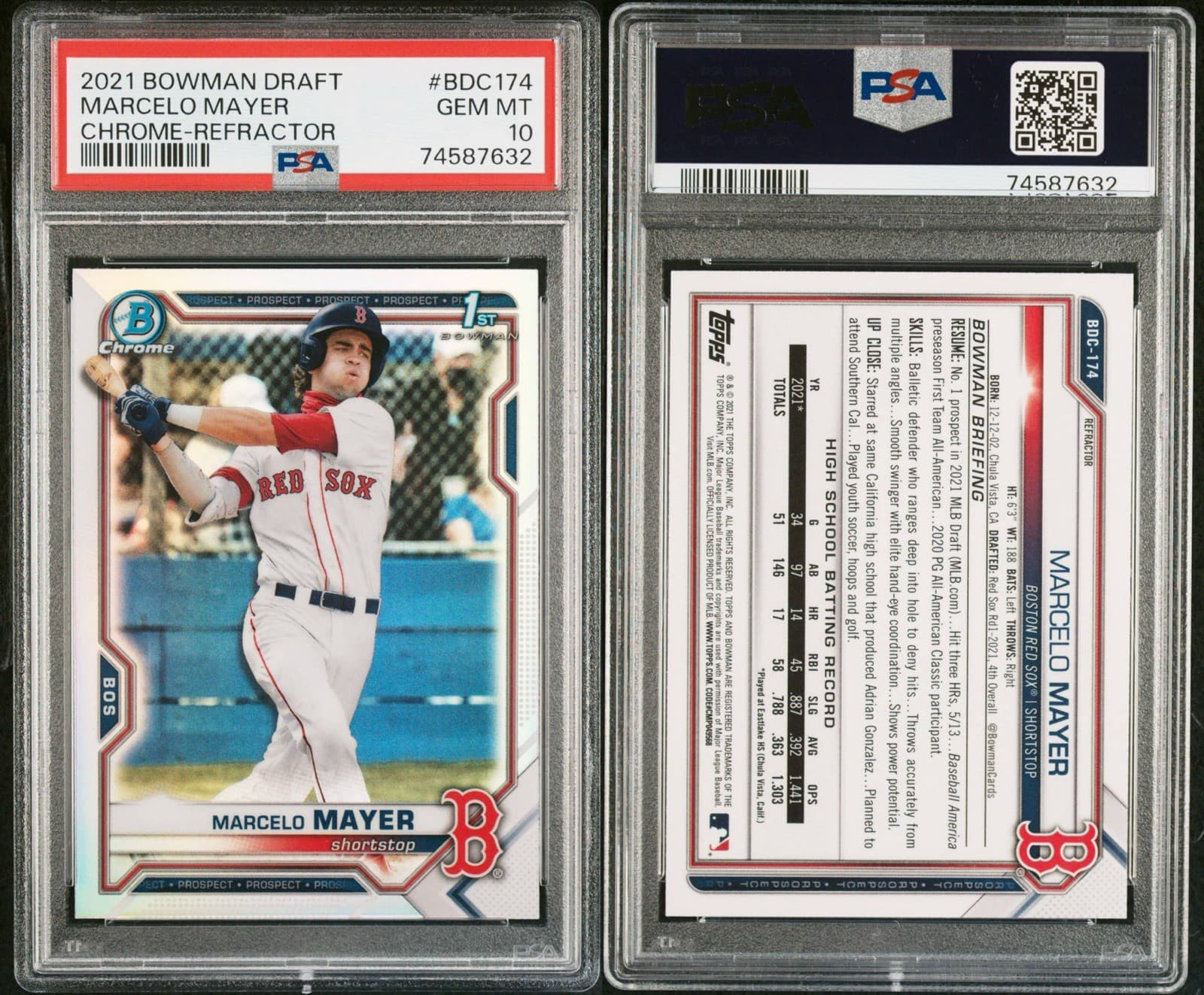 2021 Bowman Draft Marcelo Mayer - Chrome Refractor #BDC-174 (RC). PSA 10 GEM MT