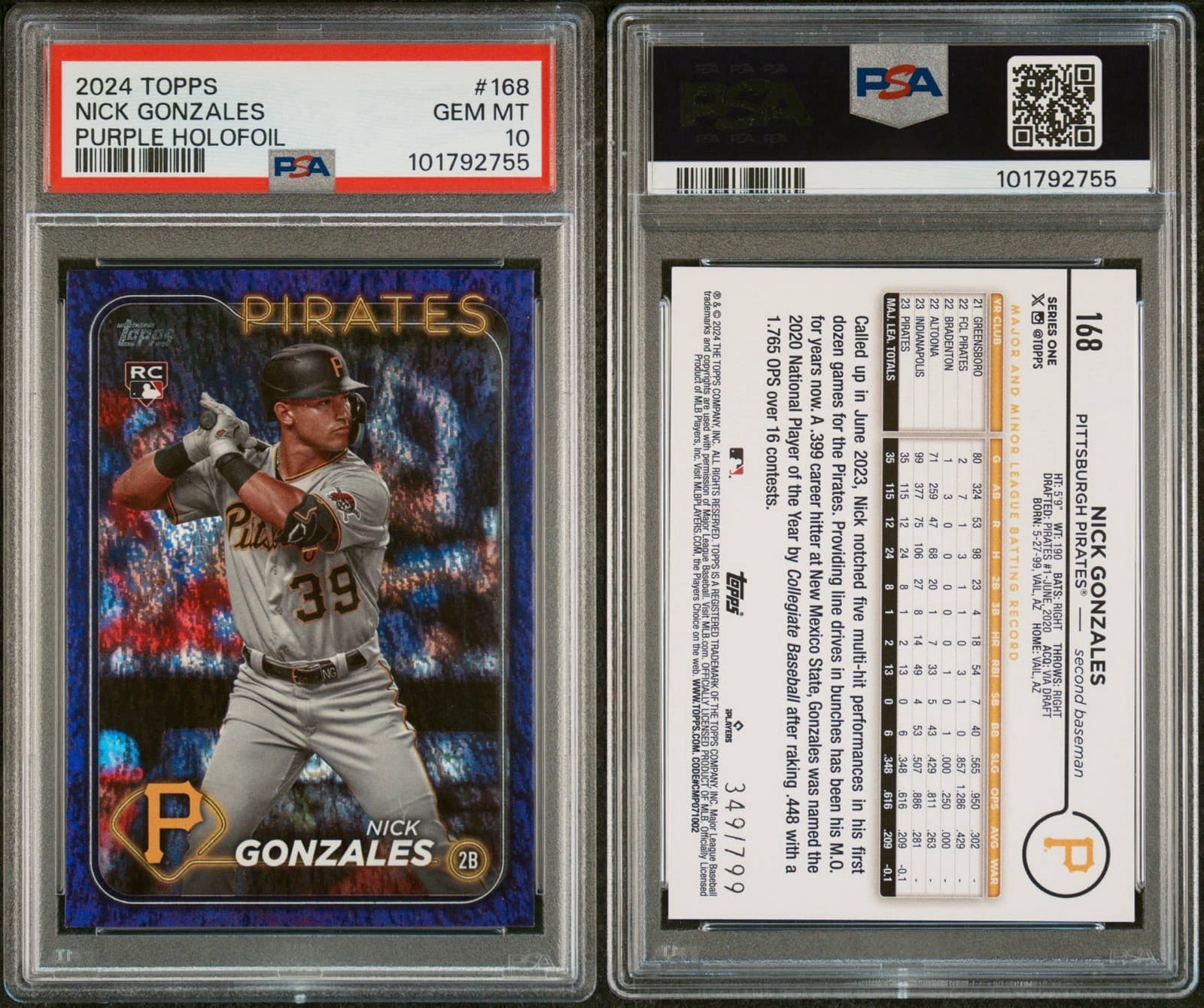 2024 Topps Series 1 Purple Holofoil #168 Nick Gonzales /799 (RC). PSA 10. Pop 3!