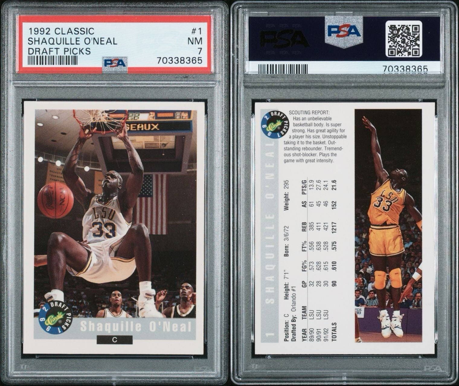 #1 Shaquille O’Neal 1992 classic draft picks Rookie Psa 7 LSU