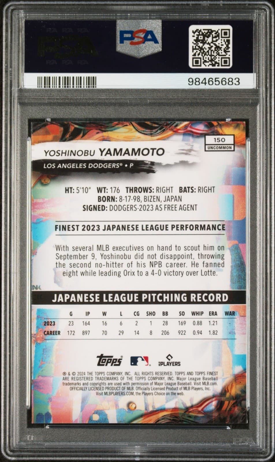 2024 Topps Finest - Uncommon Yoshinobu Yamamoto #150 (RC). PSA 10 GEM MT