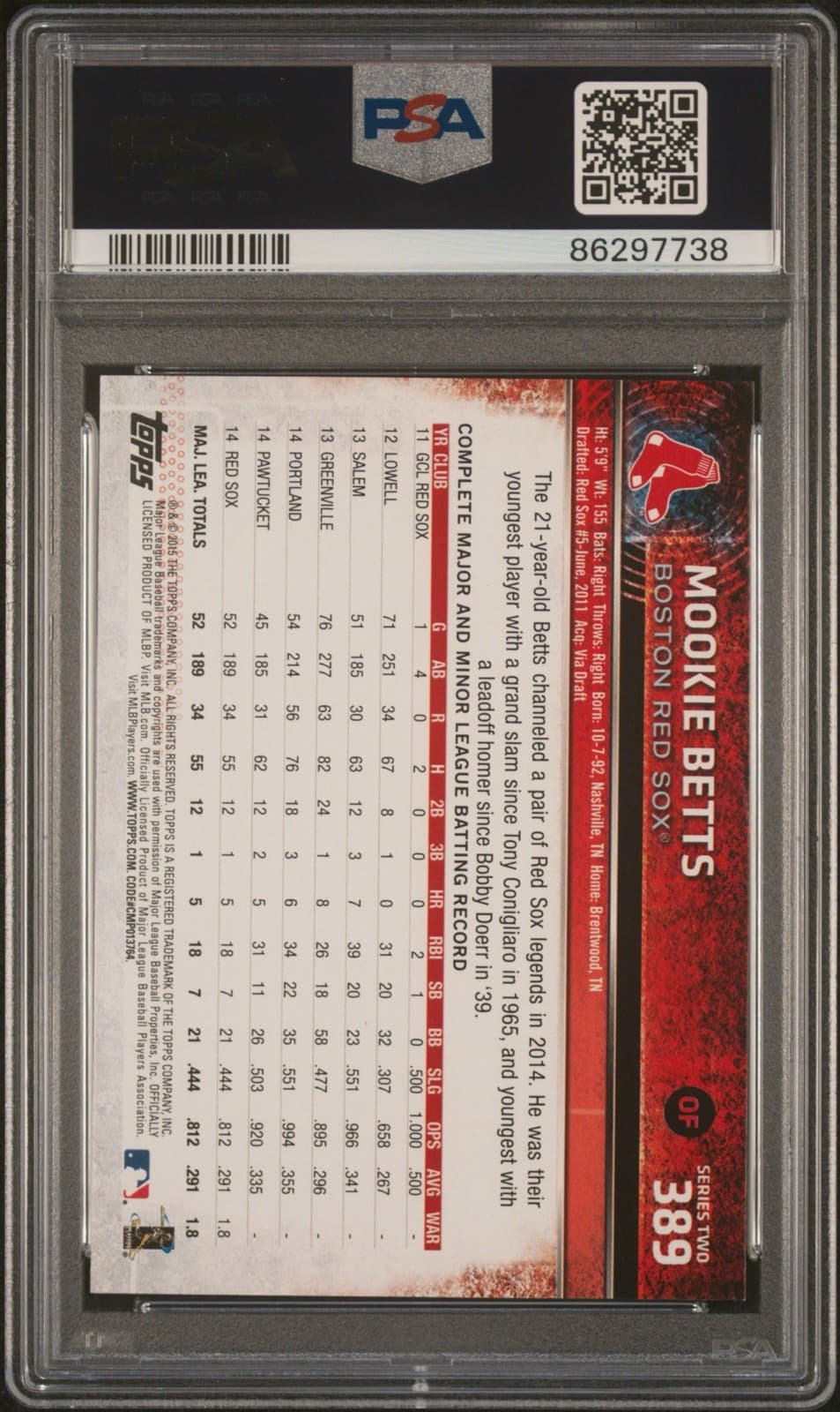 2015 Topps Future Stars  - Mookie Betts #389 Batting. PSA 10 - GEM MT!