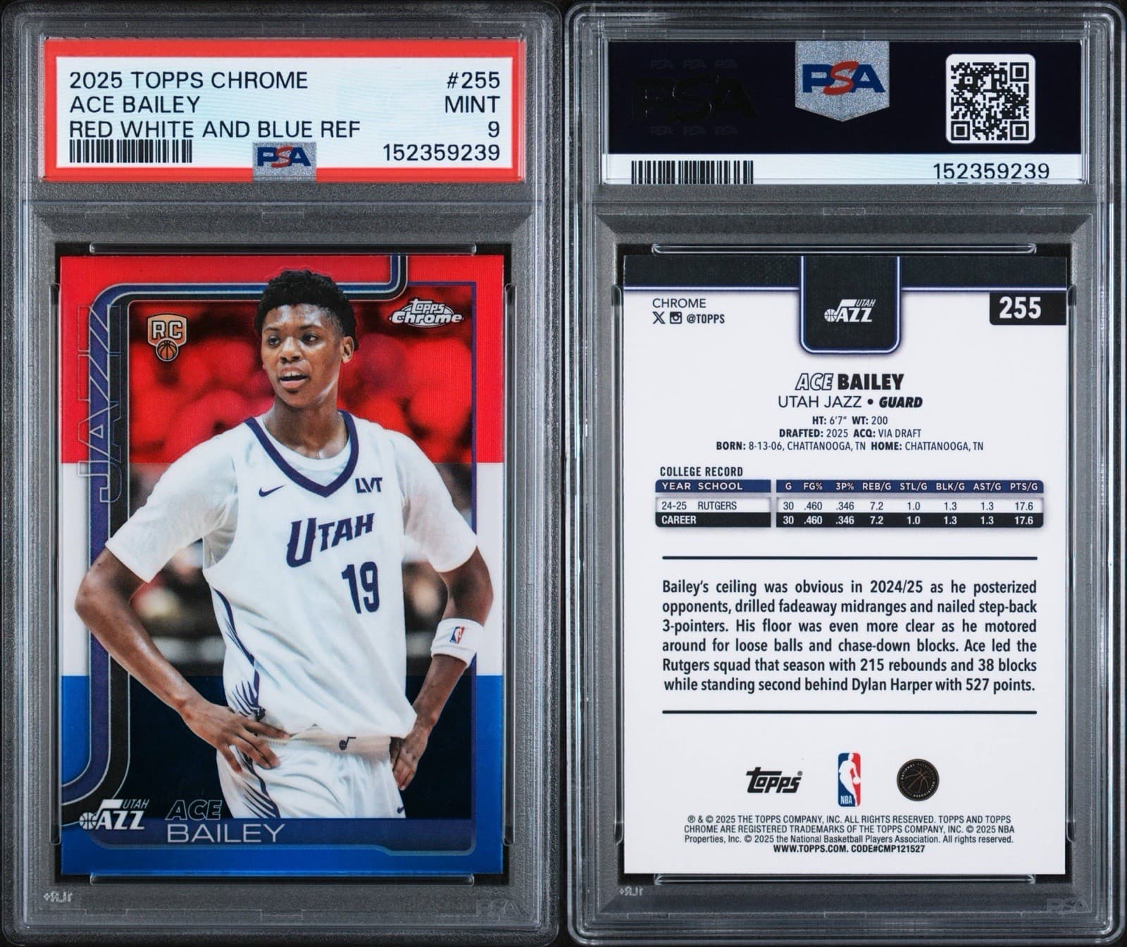 2025 Topps Chrome - Ace Bailey #255 Red White & Blue Refractor (RC). PSA 9 MINT