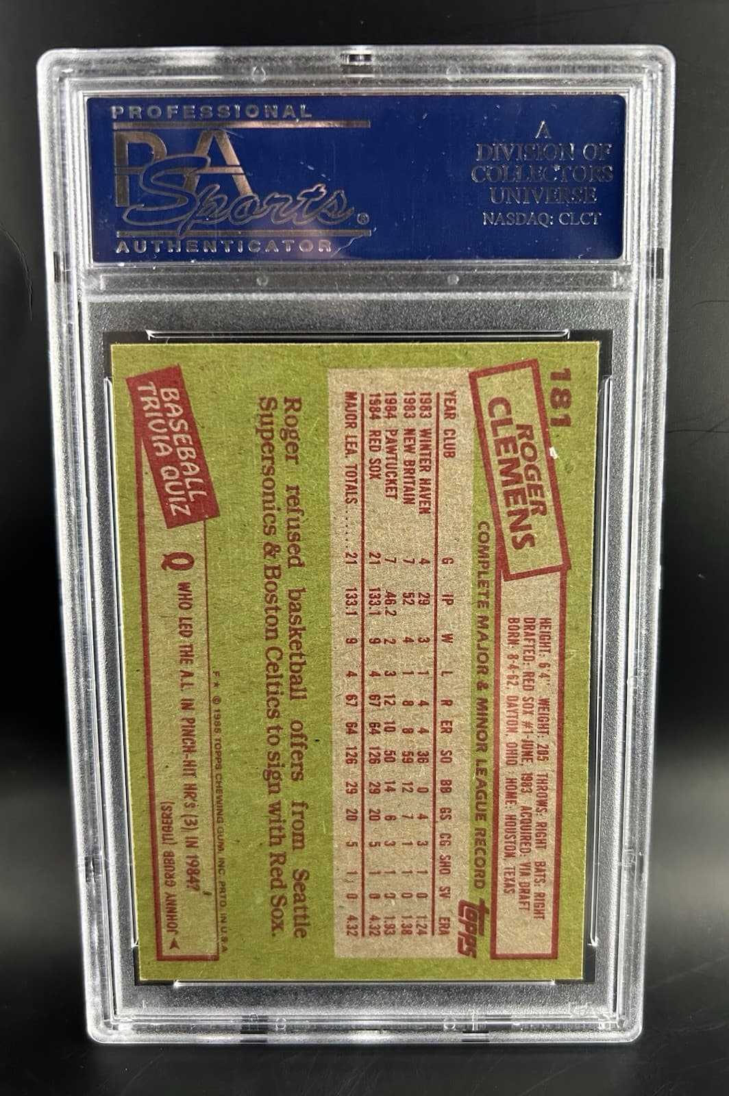 1985 Topps Roger Clemens (RC) #181 Boston Red Sox. PSA 7 NM