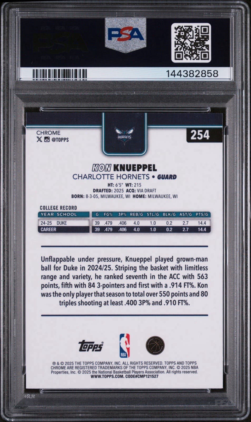 2025-26 Topps Chrome - Kon Knueppel #254 (RC). PSA 9 MINT