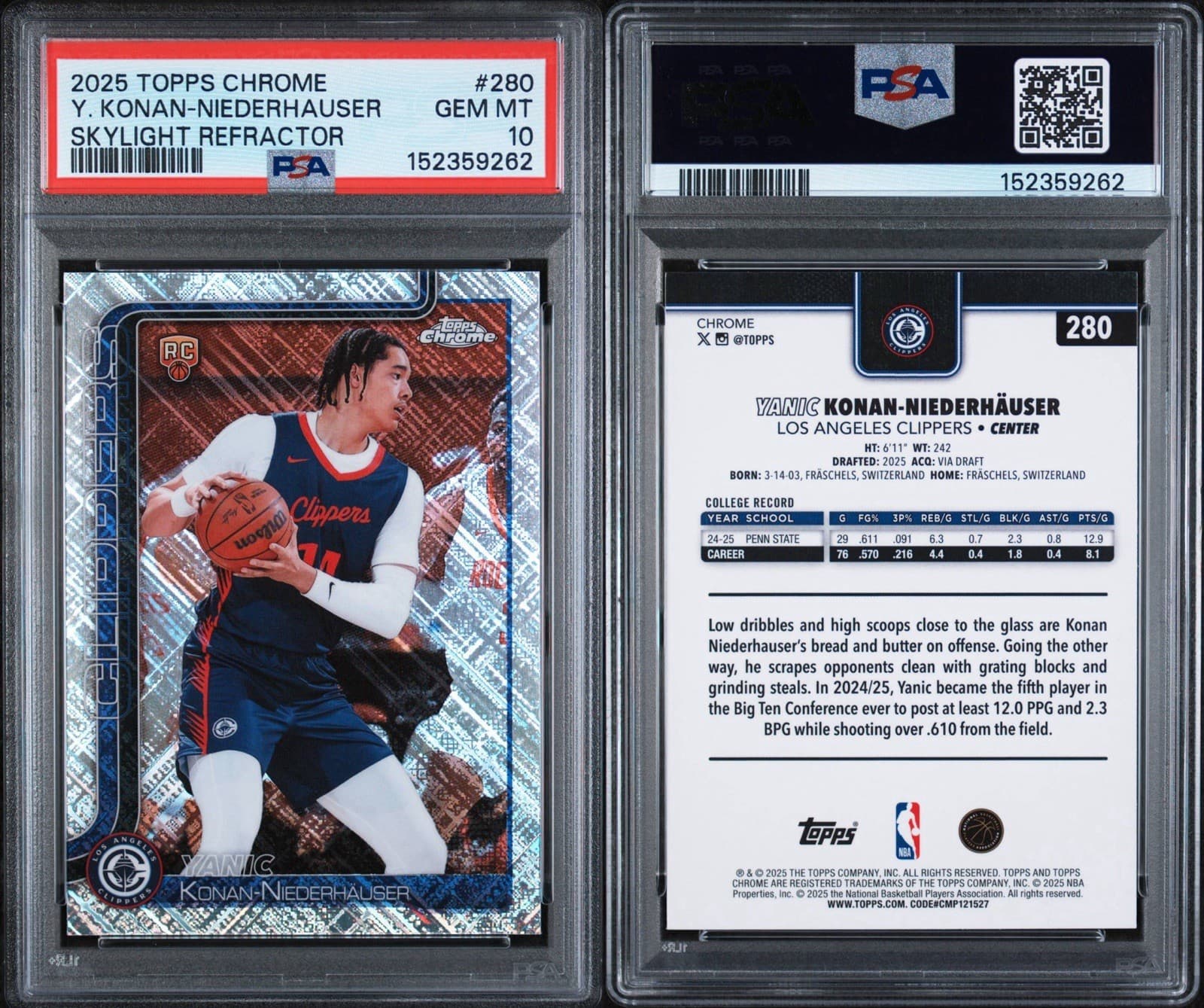 2025 Topps Chrome Yanic Konan-Niederhauser #280 Skylight Refractor (RC). PSA 10