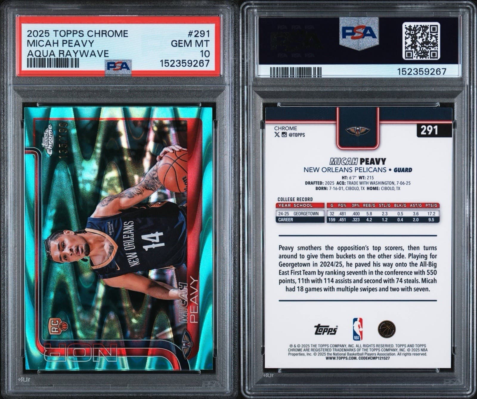 2025-26 Topps Chrome - Micah Peavy #291 Aqua Raywave Refractor /199 (RC). PSA 10