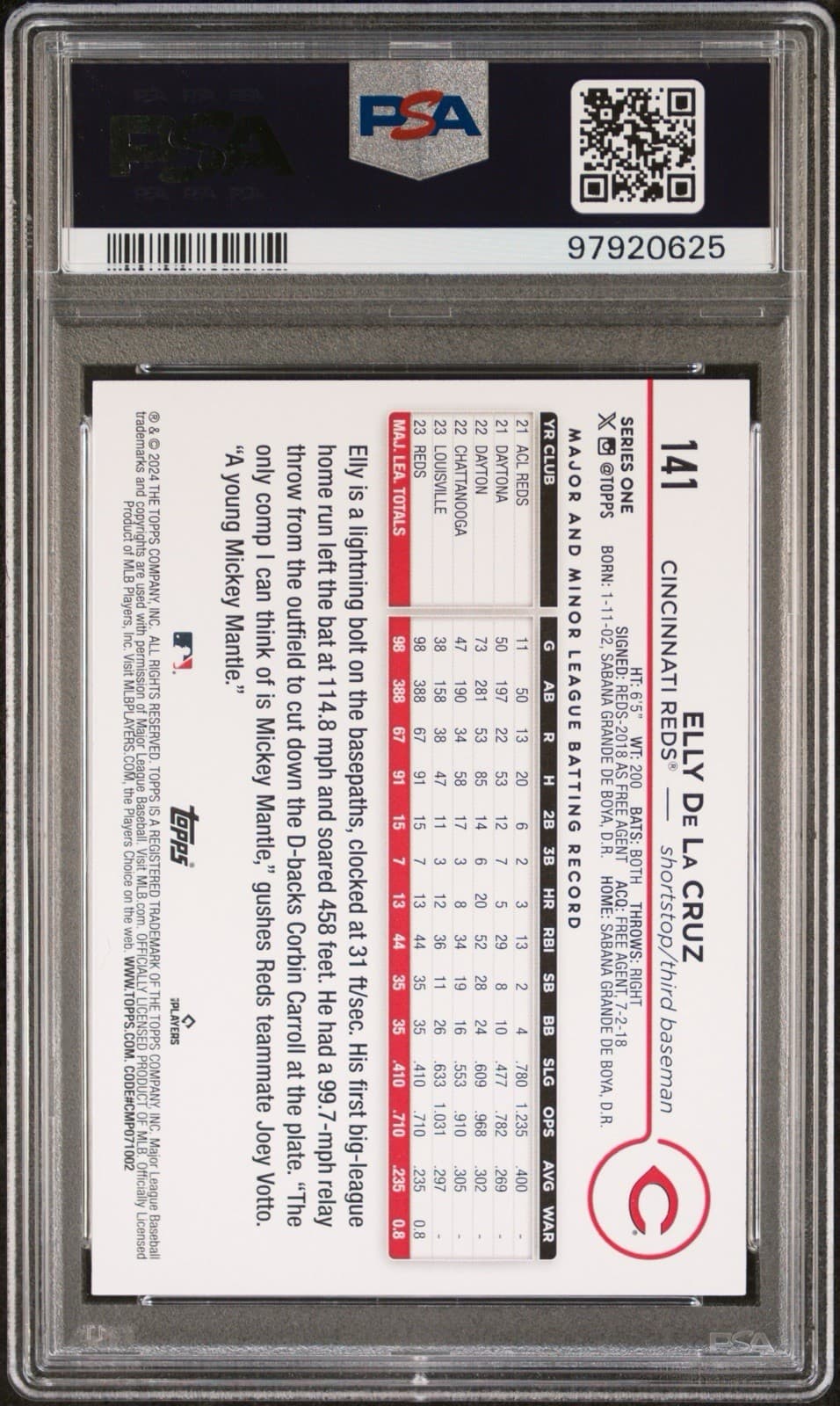 2024 Topps Series 1 - Elly De La Cruz #141 (RC). PSA 9 Mint.