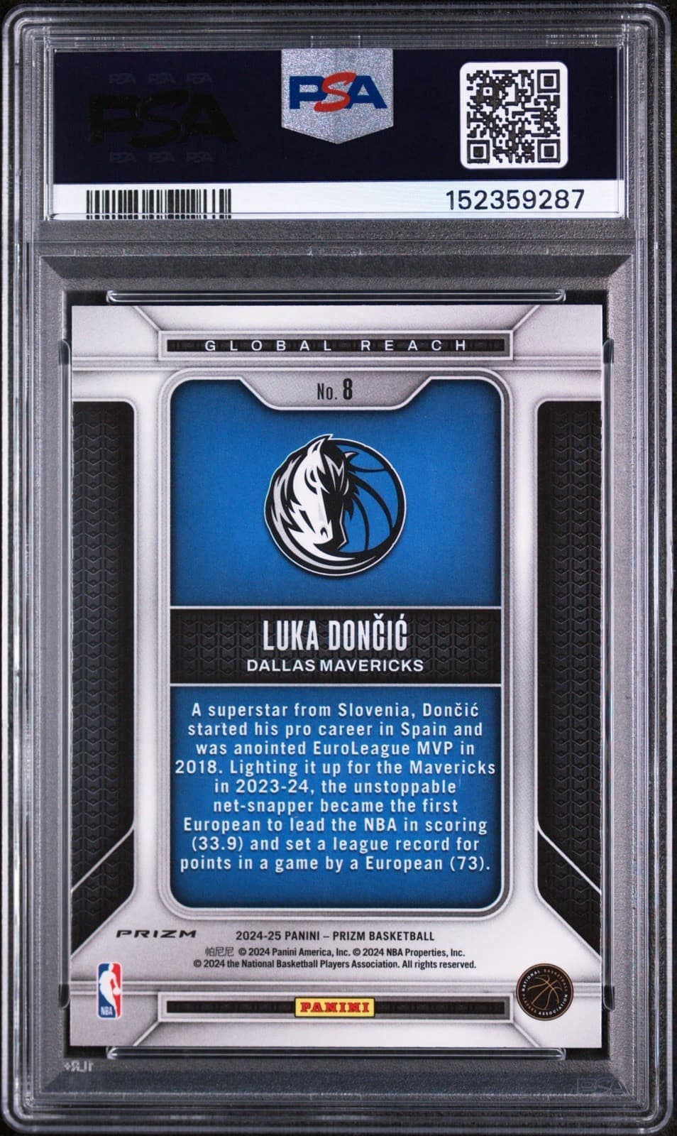 2024-25 Panini Prizm - Global Reach Luka Dončić #8 Green Prizm. PSA 9 MINT