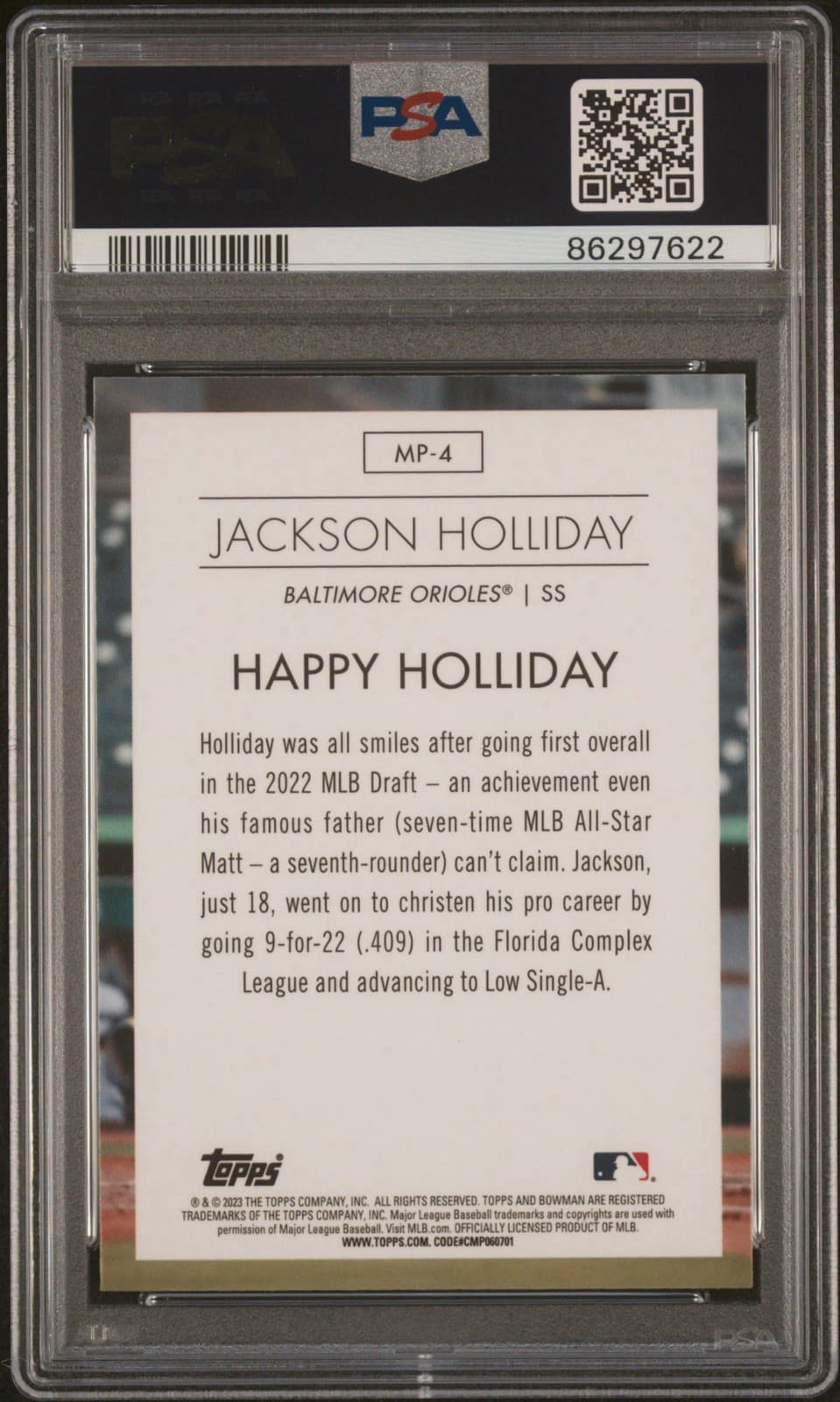 2023 Bowman - Modern Prospects Jackson Holliday #MP-4 (RC). PSA 10 GEM MT.