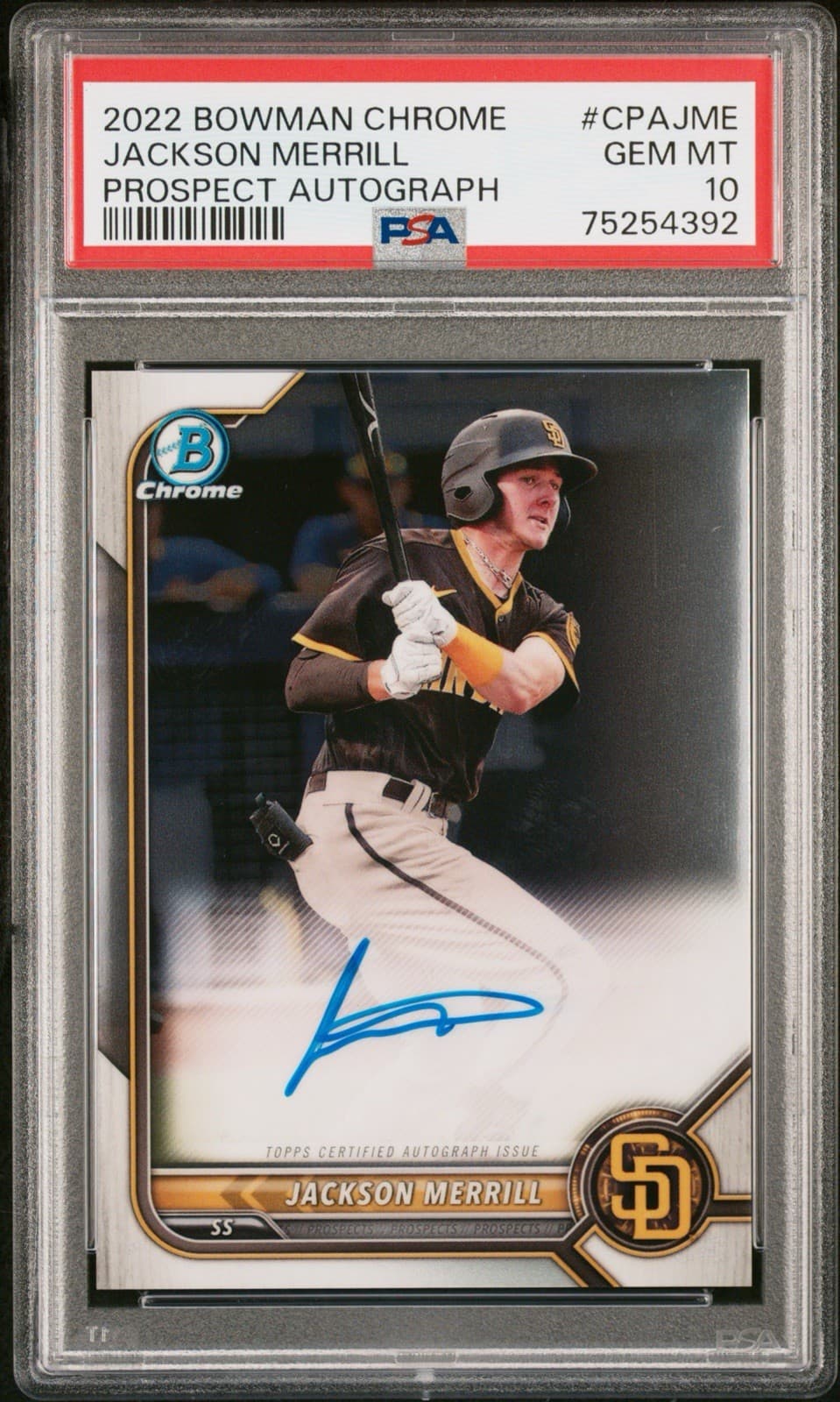 2022 Bowman Chrome - Prospect Autographs Jackson Merrill (RC). #CPA-JME. PSA 10