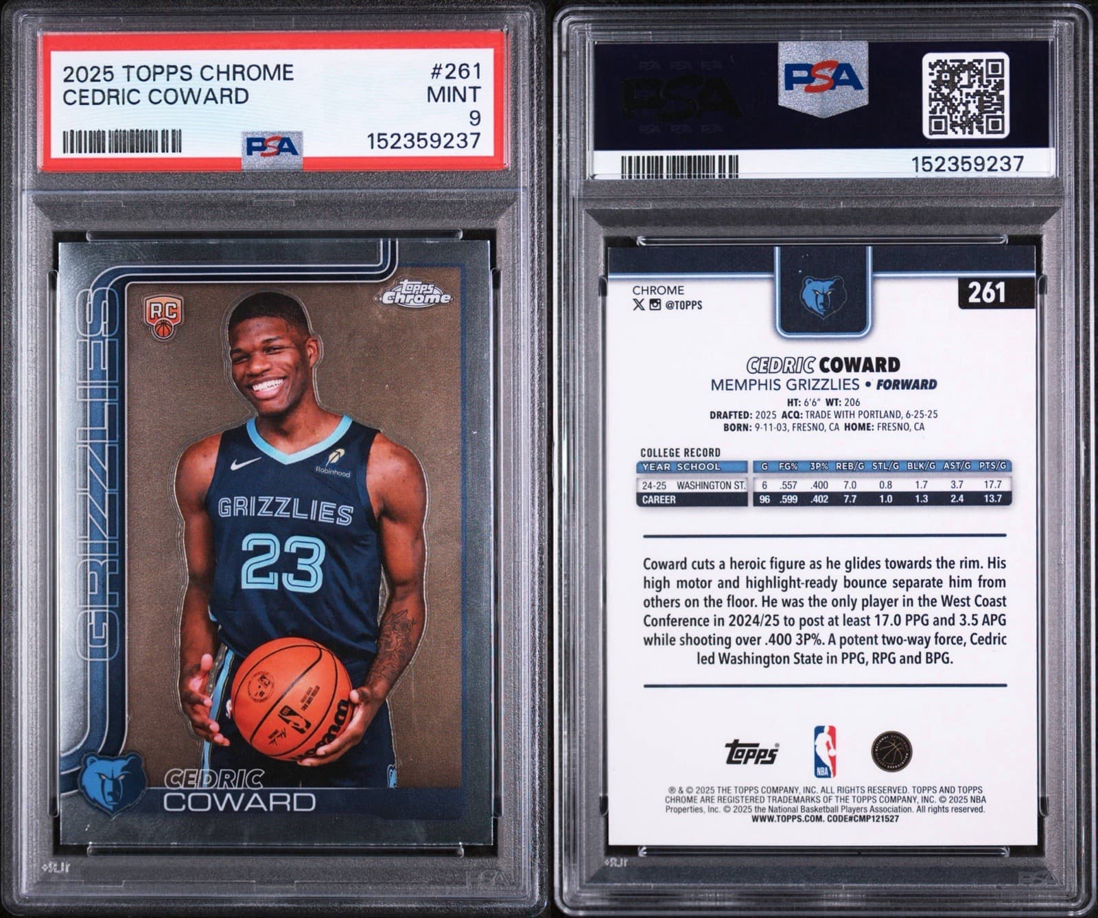 2025-26 Topps Chrome - Cedric Coward #261 (RC). PSA 9 MINT