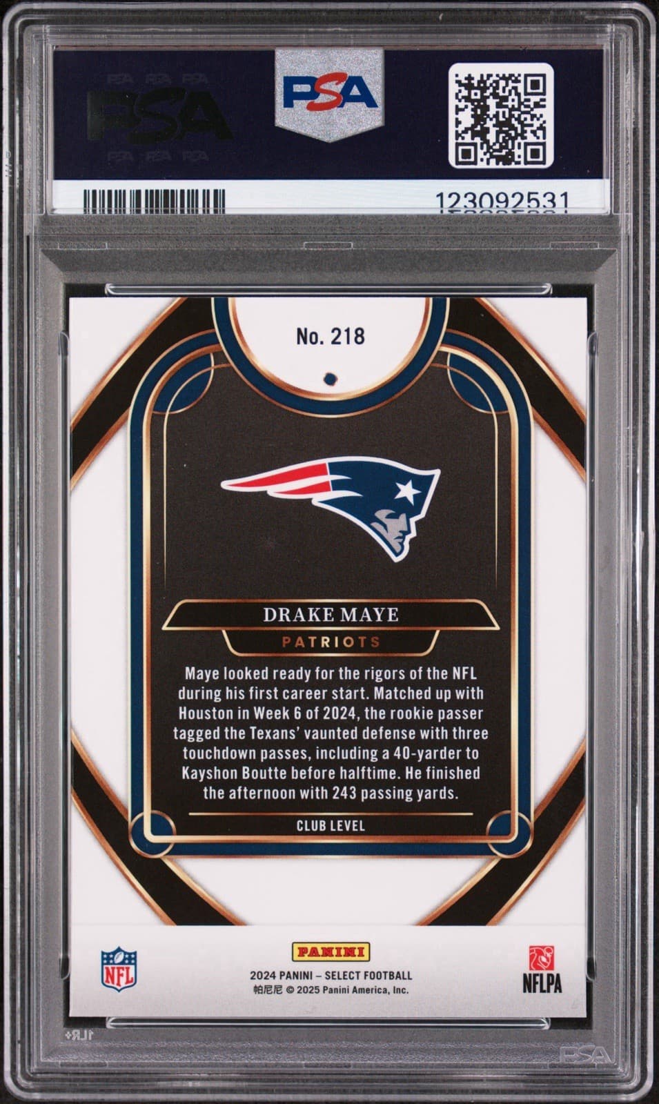 2024 Panini Select - Club Level Drake Maye #218 (RC). PSA 8 NM-MT