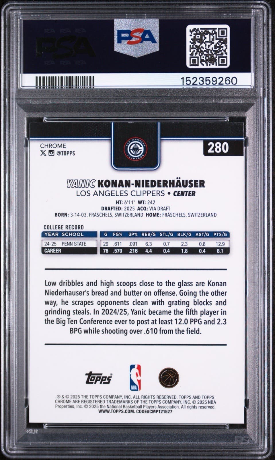 2025 Topps Chrome Yanic Konan-Niederhauser #280 Yellow Refractor /275 (RC) PSA 8