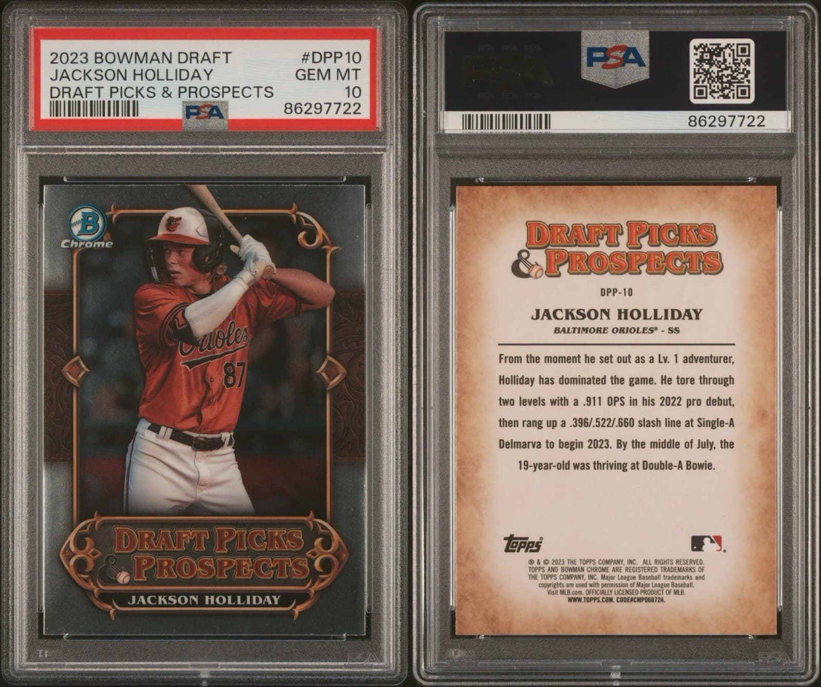 2023 Bowman Draft - Draft Picks & Prospects Jackson Holliday #DPP-10 (RC) PSA 10
