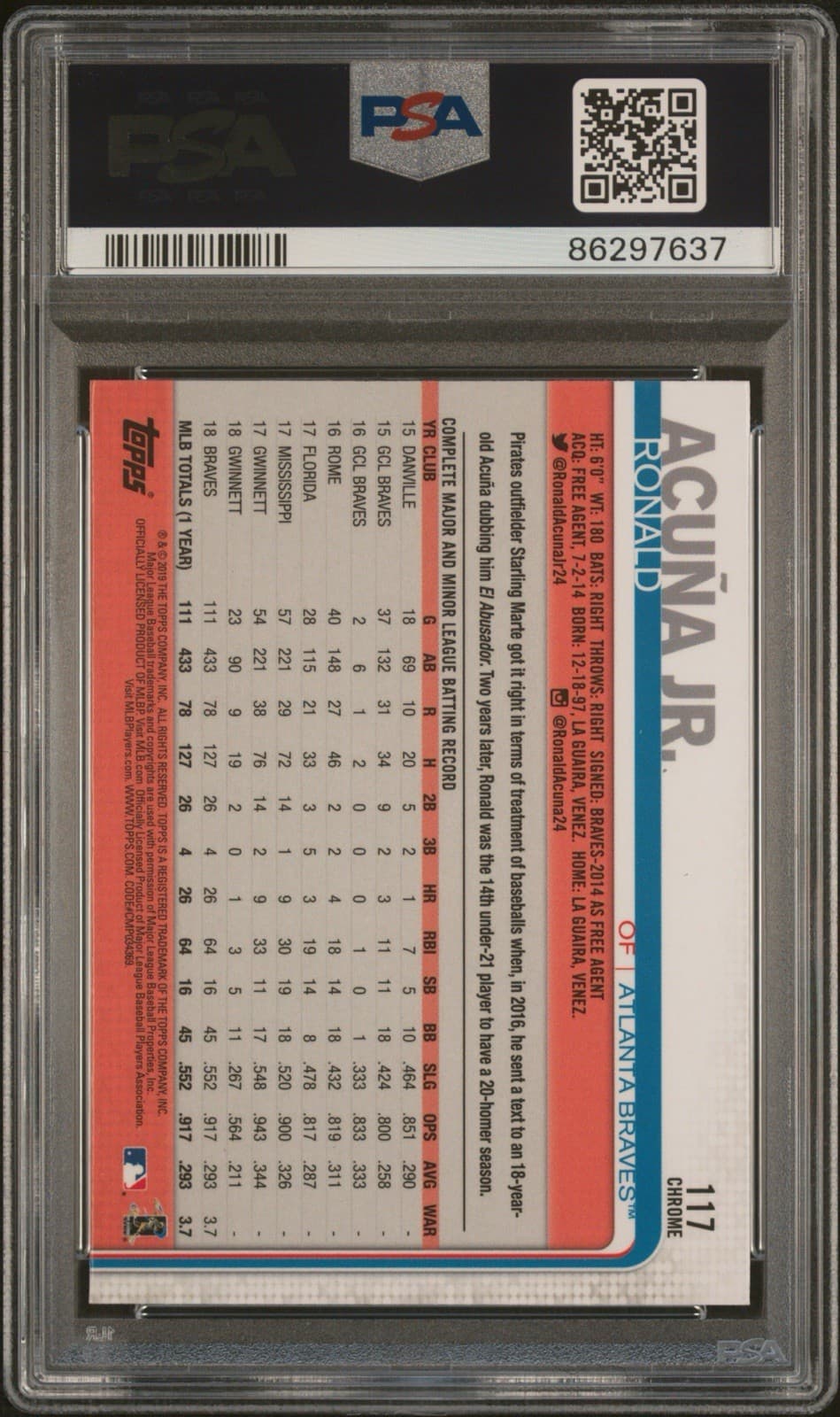2019 Topps Chrome - Ronald Acuña Jr. #117 Batting. PSA 8 Mint