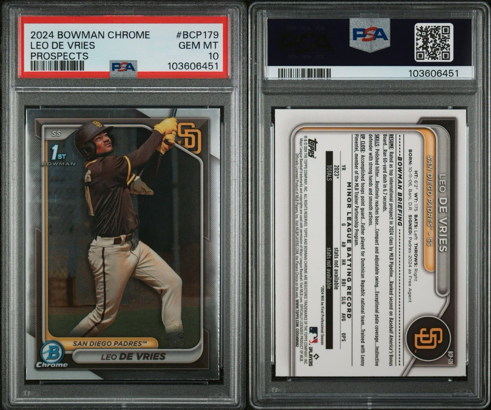 2024 Bowman Chrome - Prospects Leo De Vries #BCP-179 (RC). PSA 10 GEM MT
