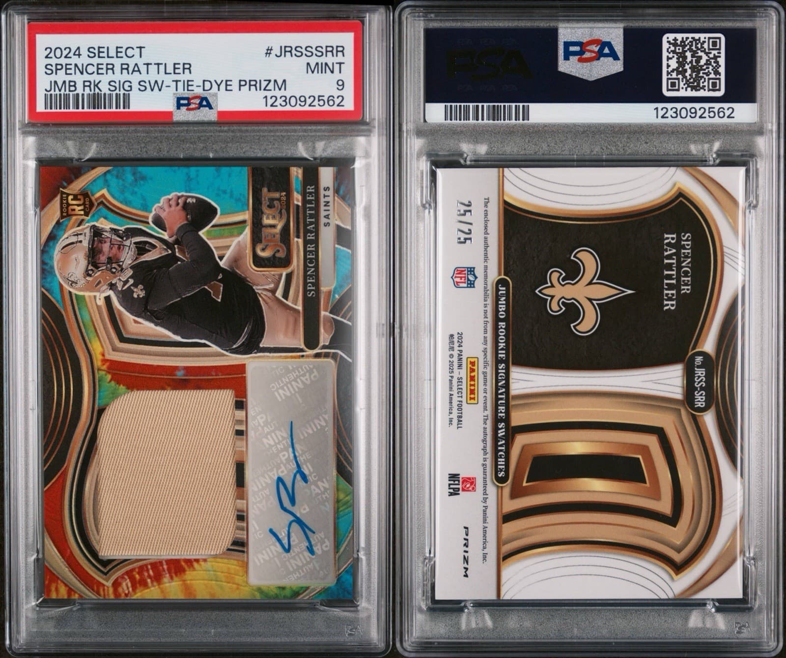 2024 Select Spencer Rattler Jumbo Rookie Signature Swatches Tie-Dye 25/25. PSA 9 thumbnail 3