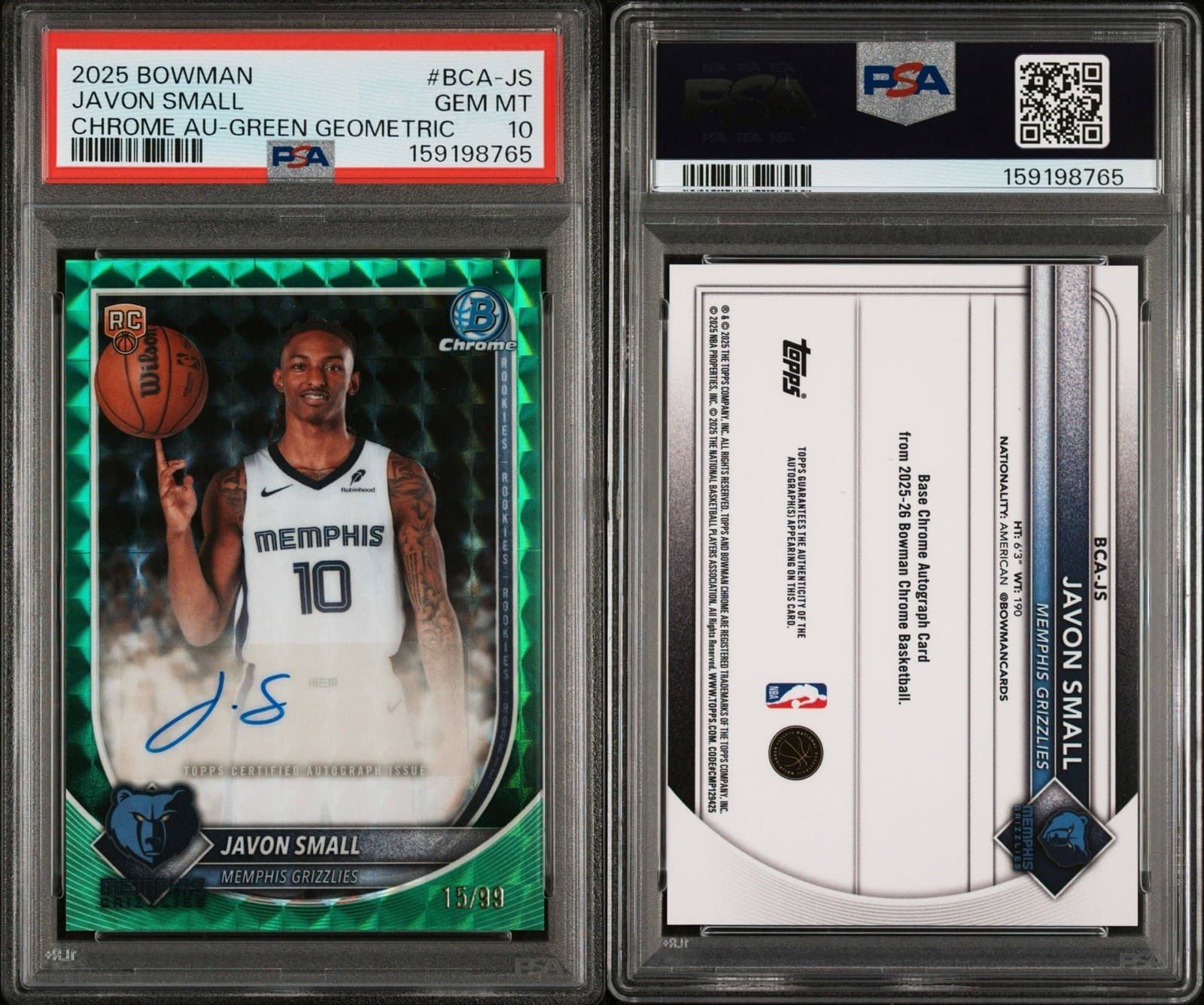 2025 BOWMAN CHROME AUTOGRAPHS - JAVON SMALL (RC) GREEN GEOMETRIC /99. PSA 10 GEM