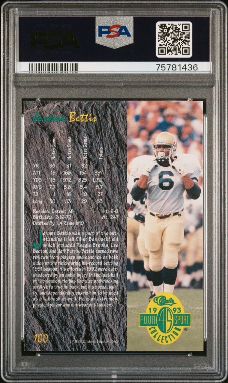 1993 CLASSIC 4 SPORT JEROME BETTIS ROOKIE PSA 8 MINT #100 LOS ANGELES RAMS HOF