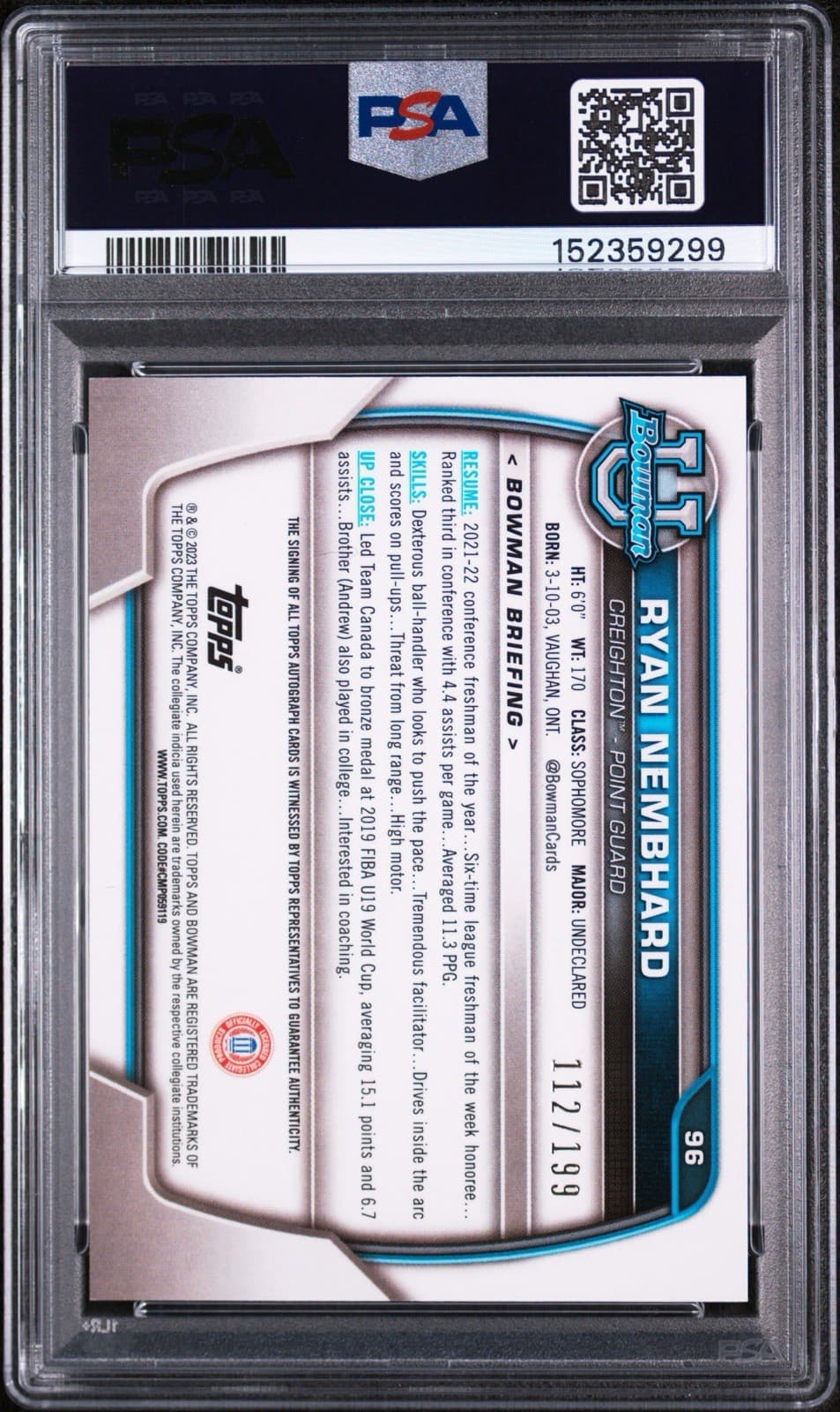 2022 Bowman Univ Chrome Ryan Nembhard #96 Prospect Auto - RayWave Ref /199 PSA 9