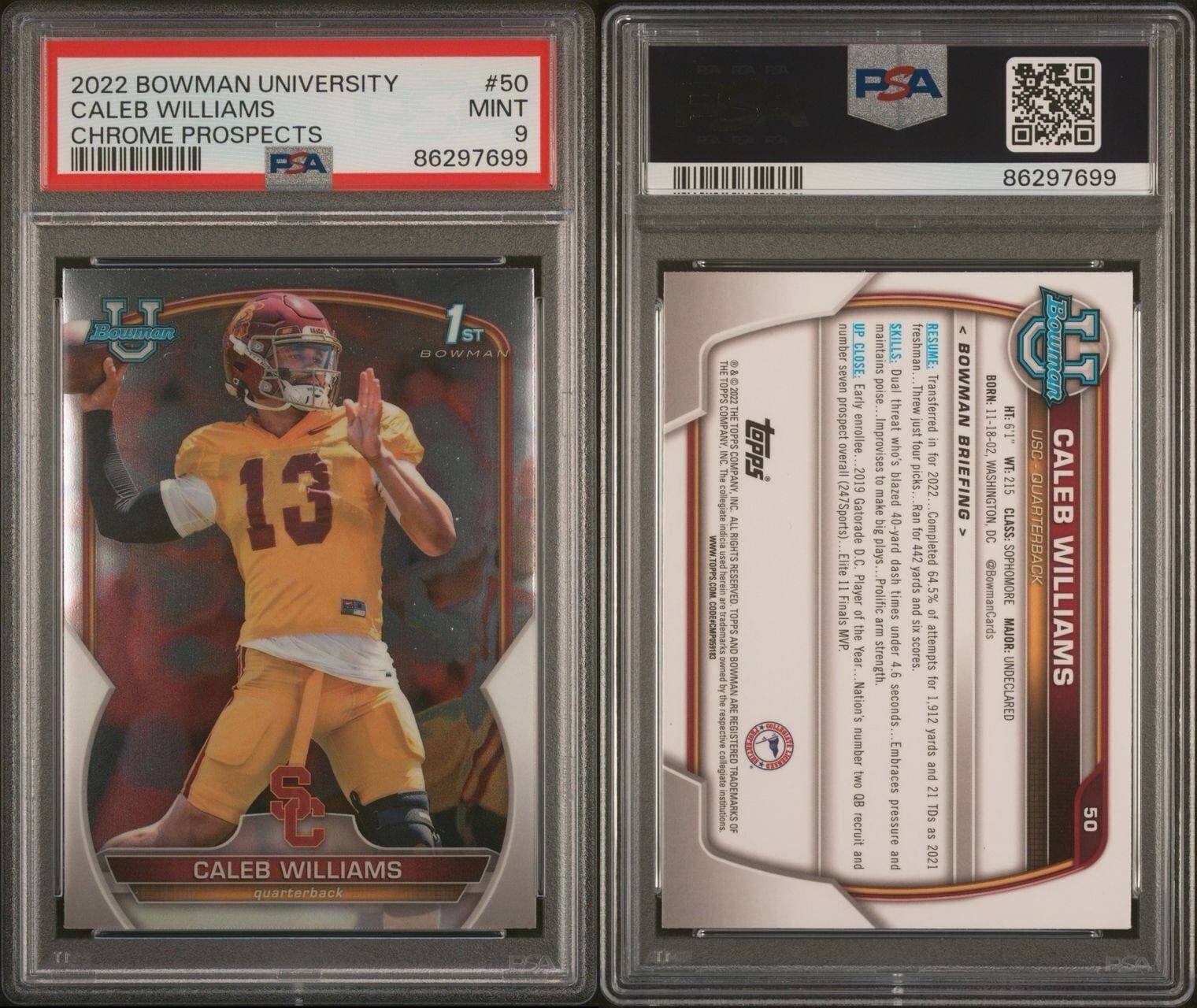 CALEB WILLIAMS 2022 Bowman University Chrome Prospects 1st card #50 PSA 9