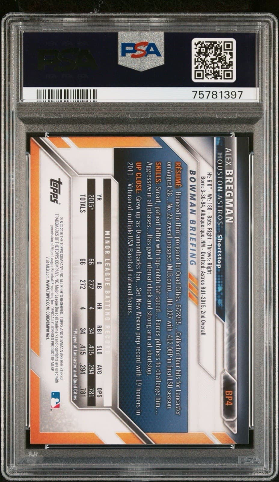 2016 Bowman - Prospects Alex Bregman #BP4 1st Bowman. PSA 9 - Mint.