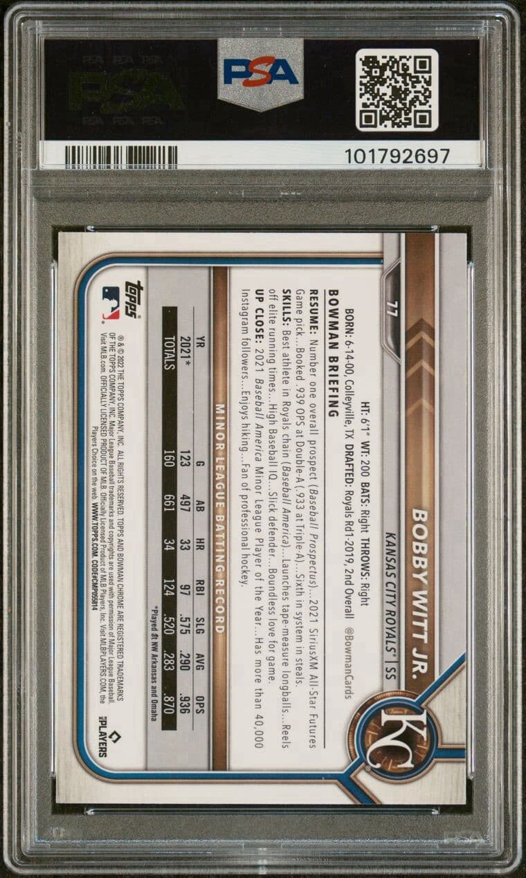 2022 Bowman Chrome - #77 Bobby Witt Jr. (RC). PSA 8.