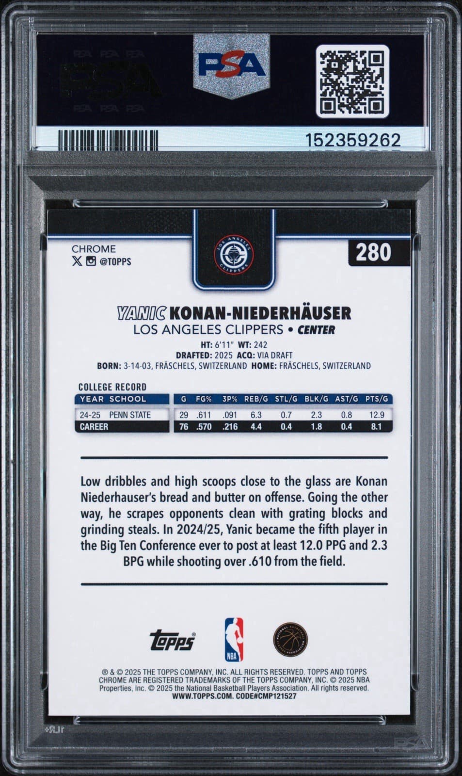 2025 Topps Chrome Yanic Konan-Niederhauser #280 Skylight Refractor (RC). PSA 10
