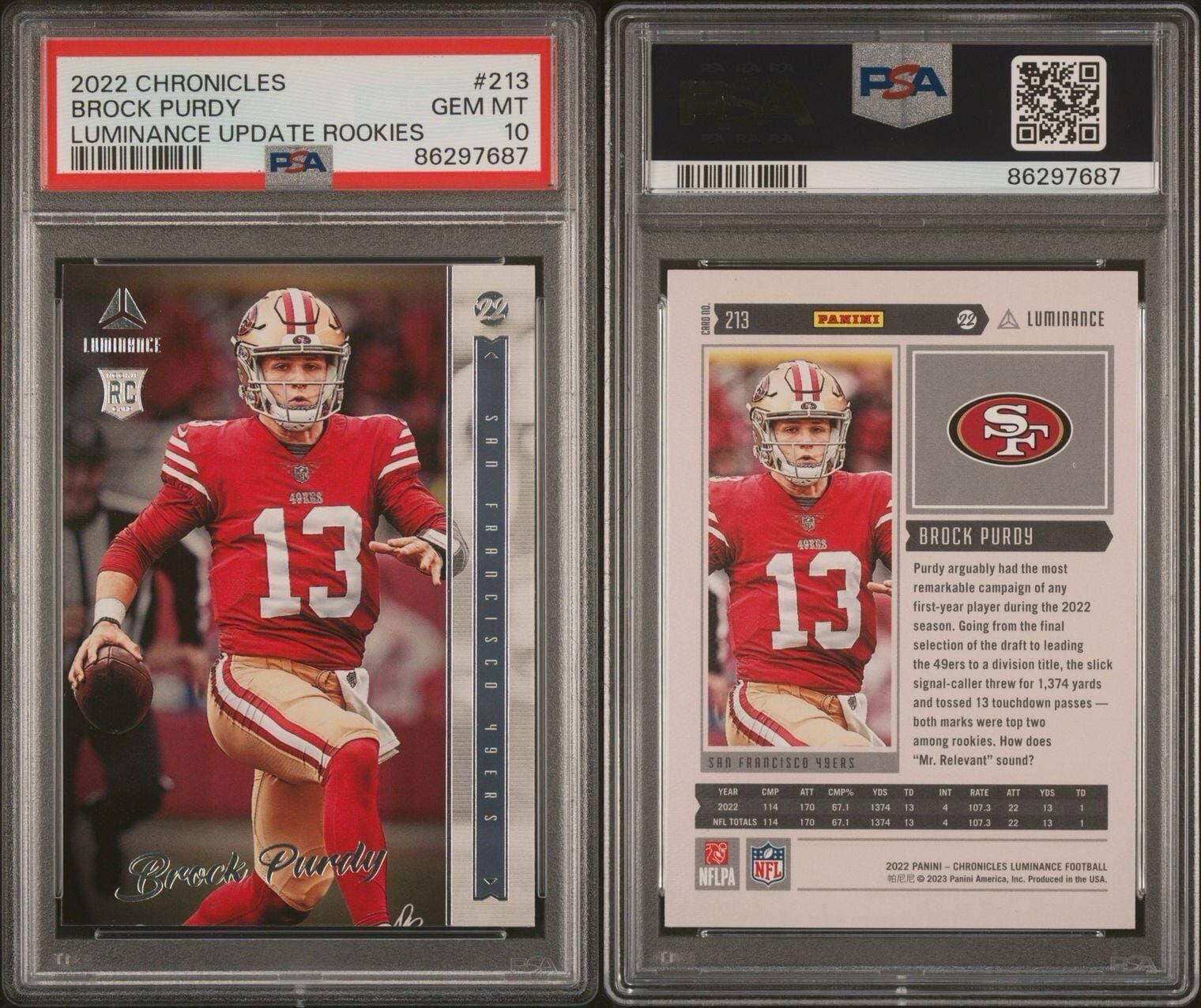 2022 Panini Chronicles - Luminance Update Rookies #213 Brock Purdy (RC) PSA 10 