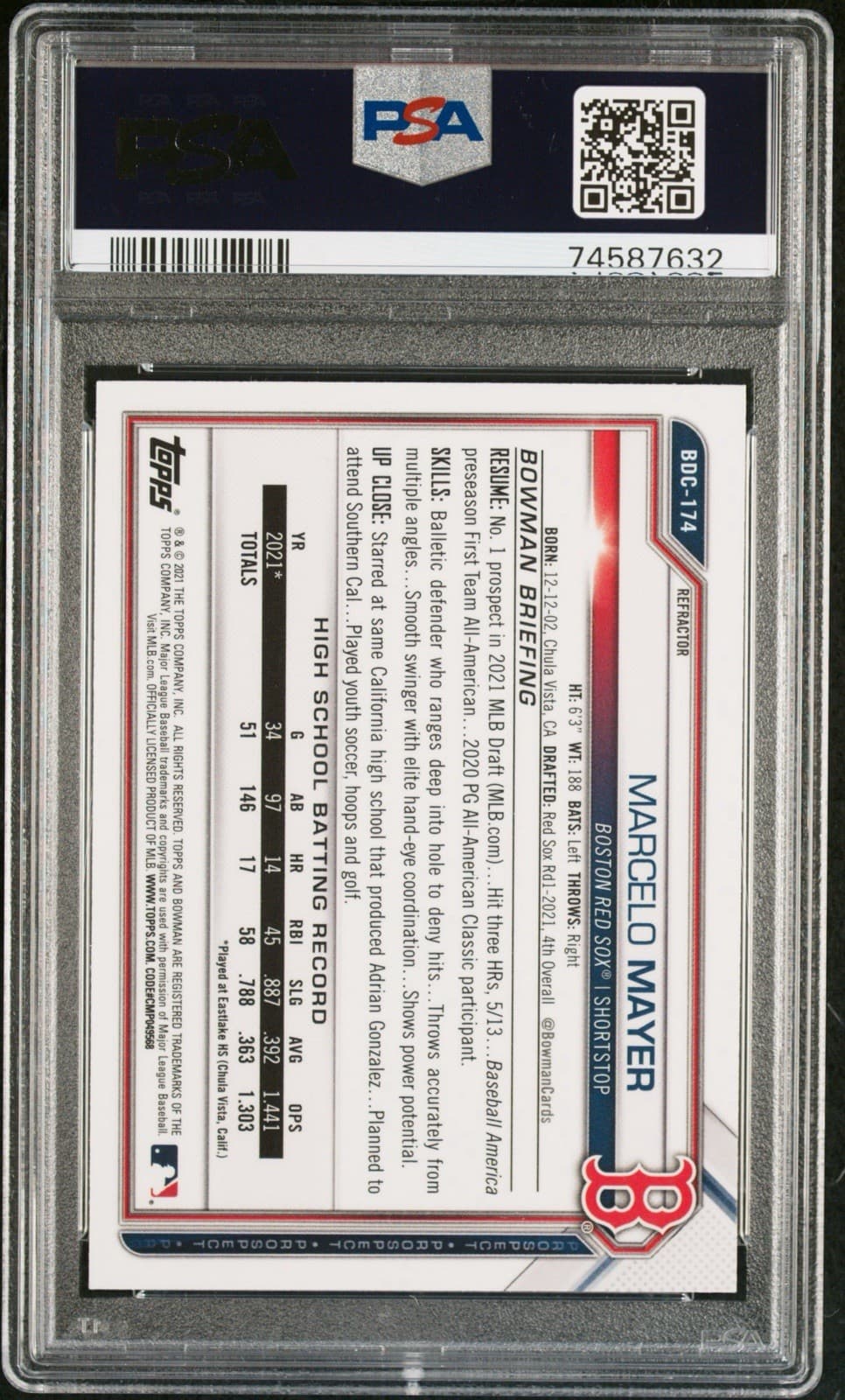 2021 Bowman Draft Marcelo Mayer - Chrome Refractor #BDC-174 (RC). PSA 10 GEM MT