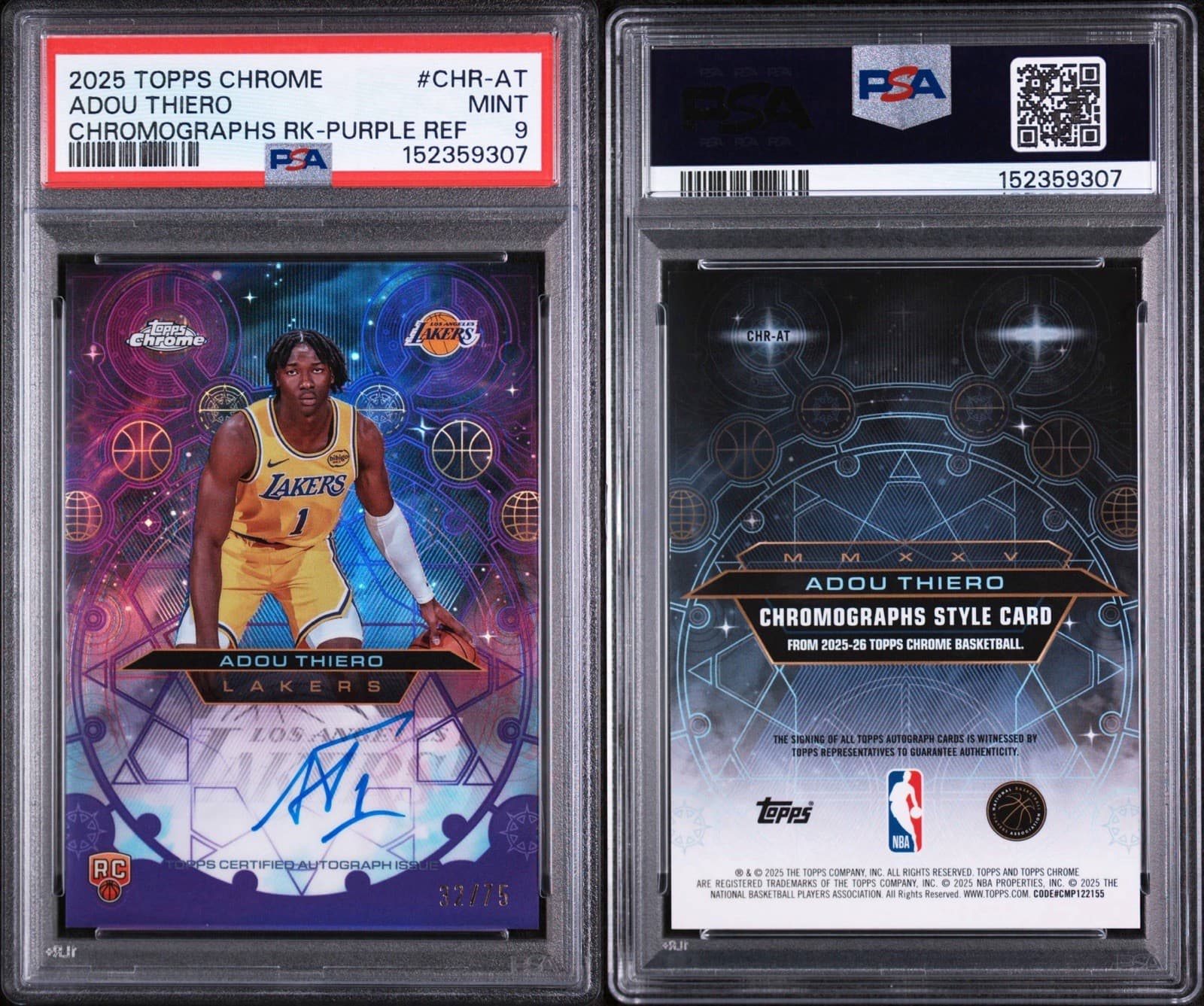 2025 Topps Chrome Chromographs Adou Thiero (RC) Purple Refractor Auto /75. PSA 9