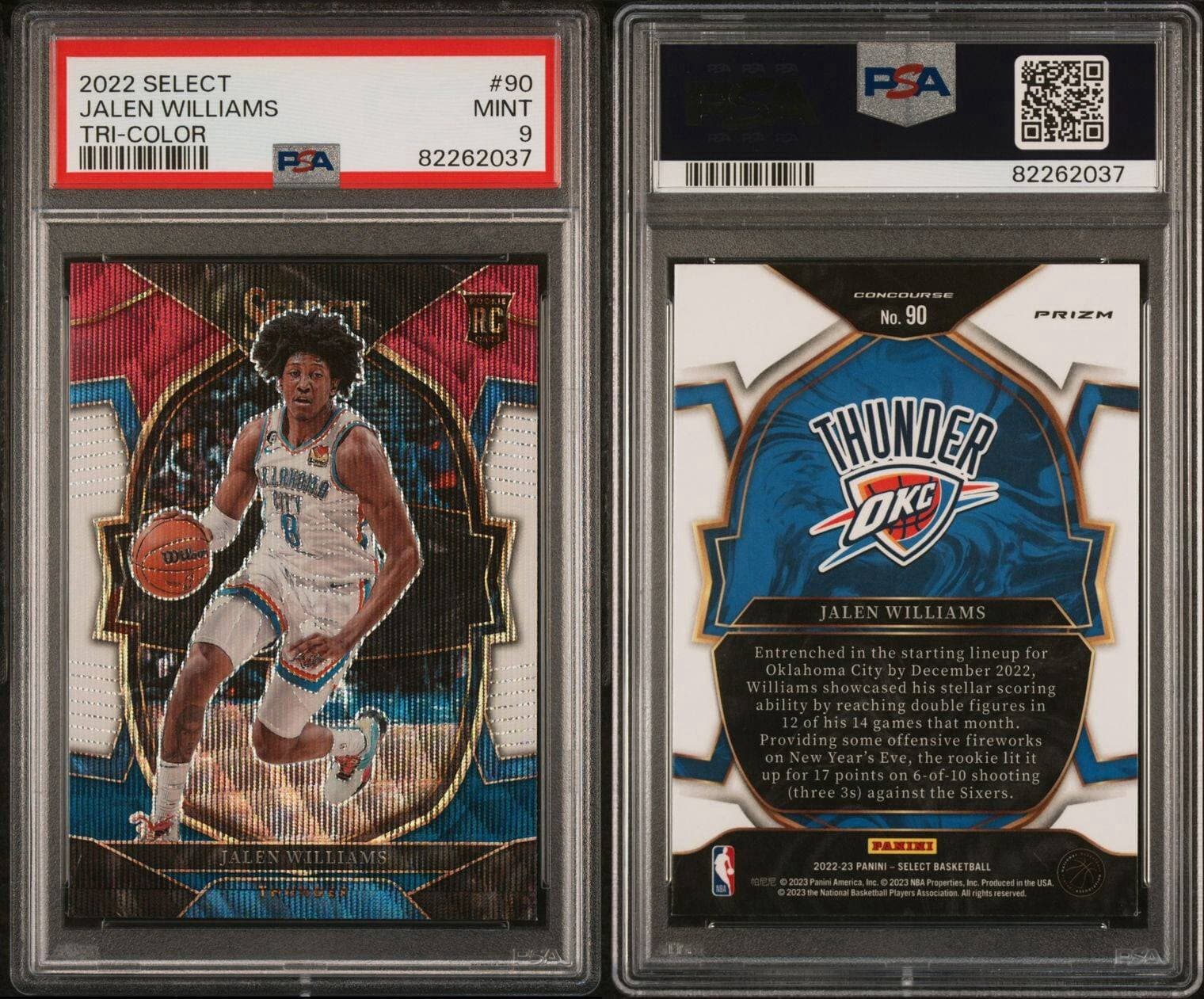 2022 Select - Concourse Tri-Color Prizm #90 Jalen Williams (RC). PSA 9. Pop 17