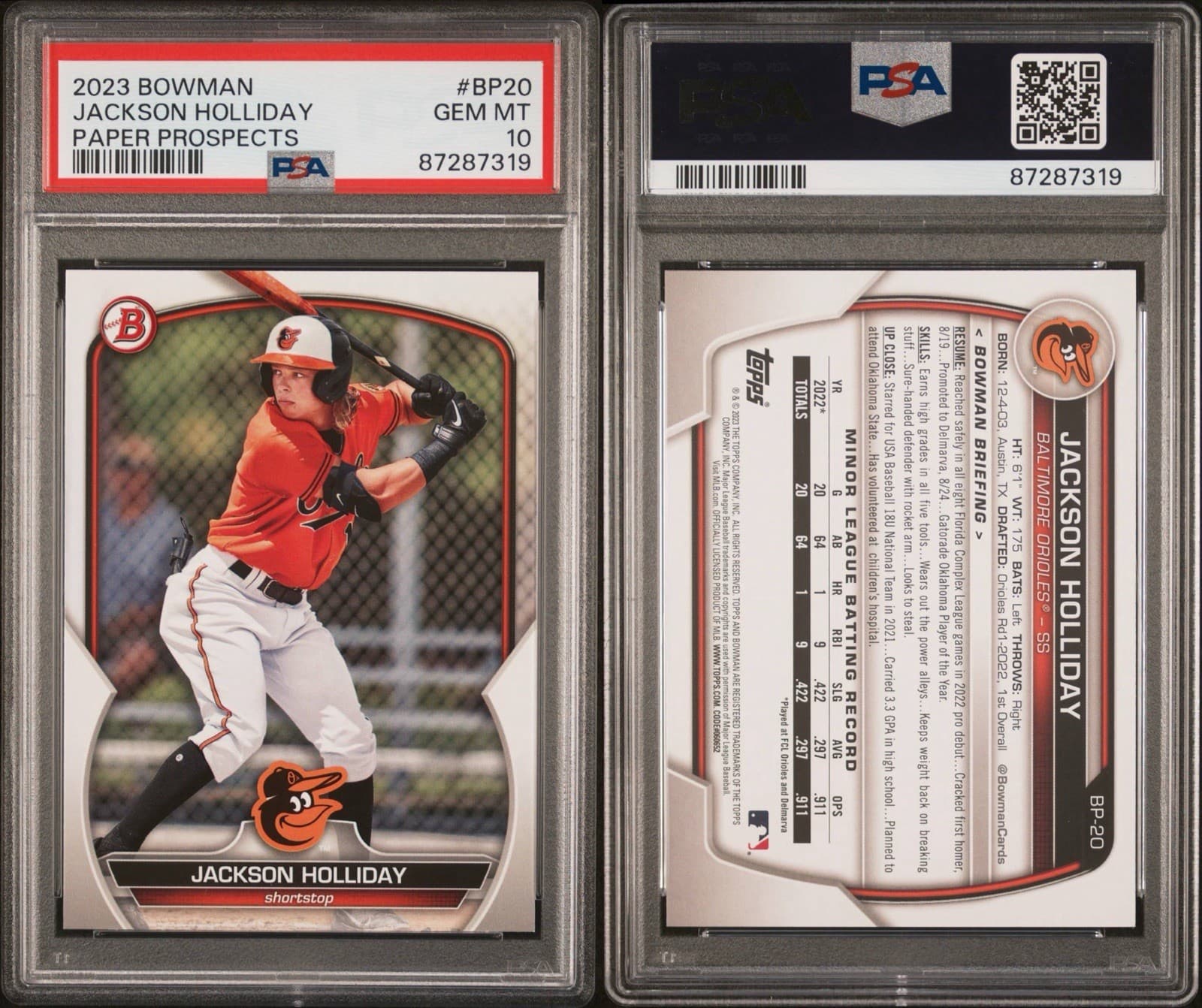 2023 Bowman - Paper Prospects Jackson Holliday #BP-20 (RC). PSA 10 GEM MT.