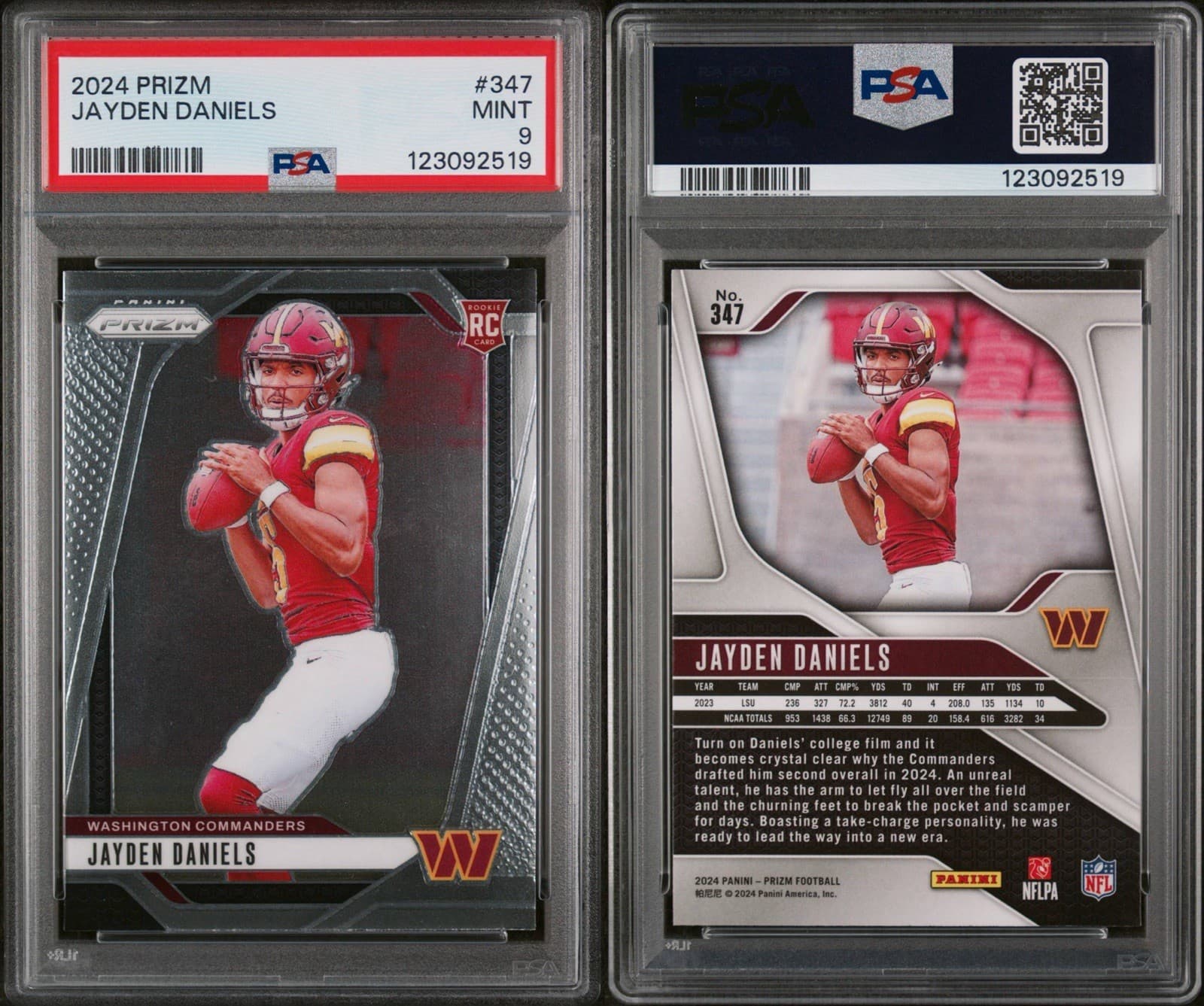 2024 Panini Prizm - Rookies Jayden Daniels #347 (RC). PSA 9 Mint