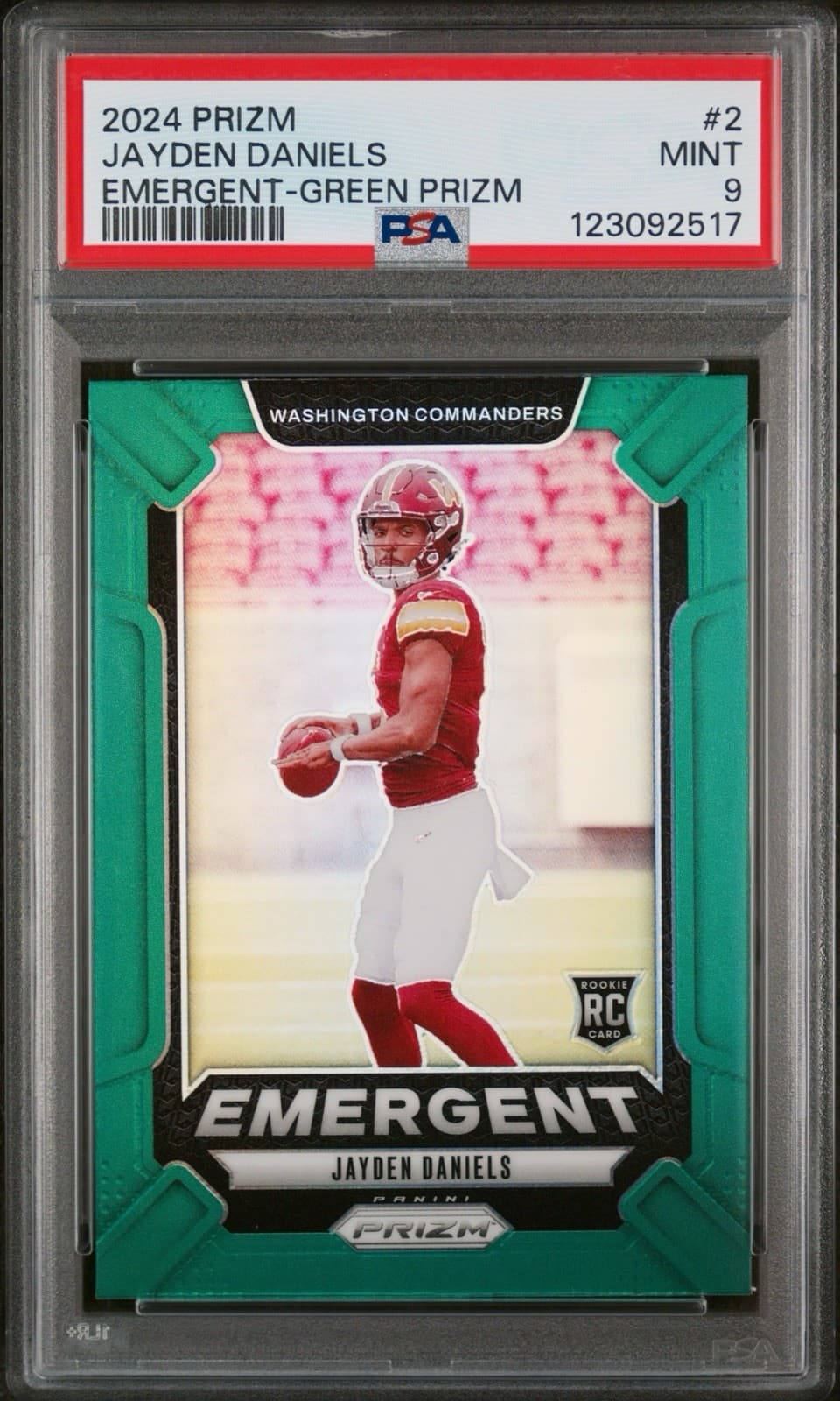 2024 Panini Prizm - Emergent Jayden Daniels #2 Green Prizm (RC). PSA 9 Mint