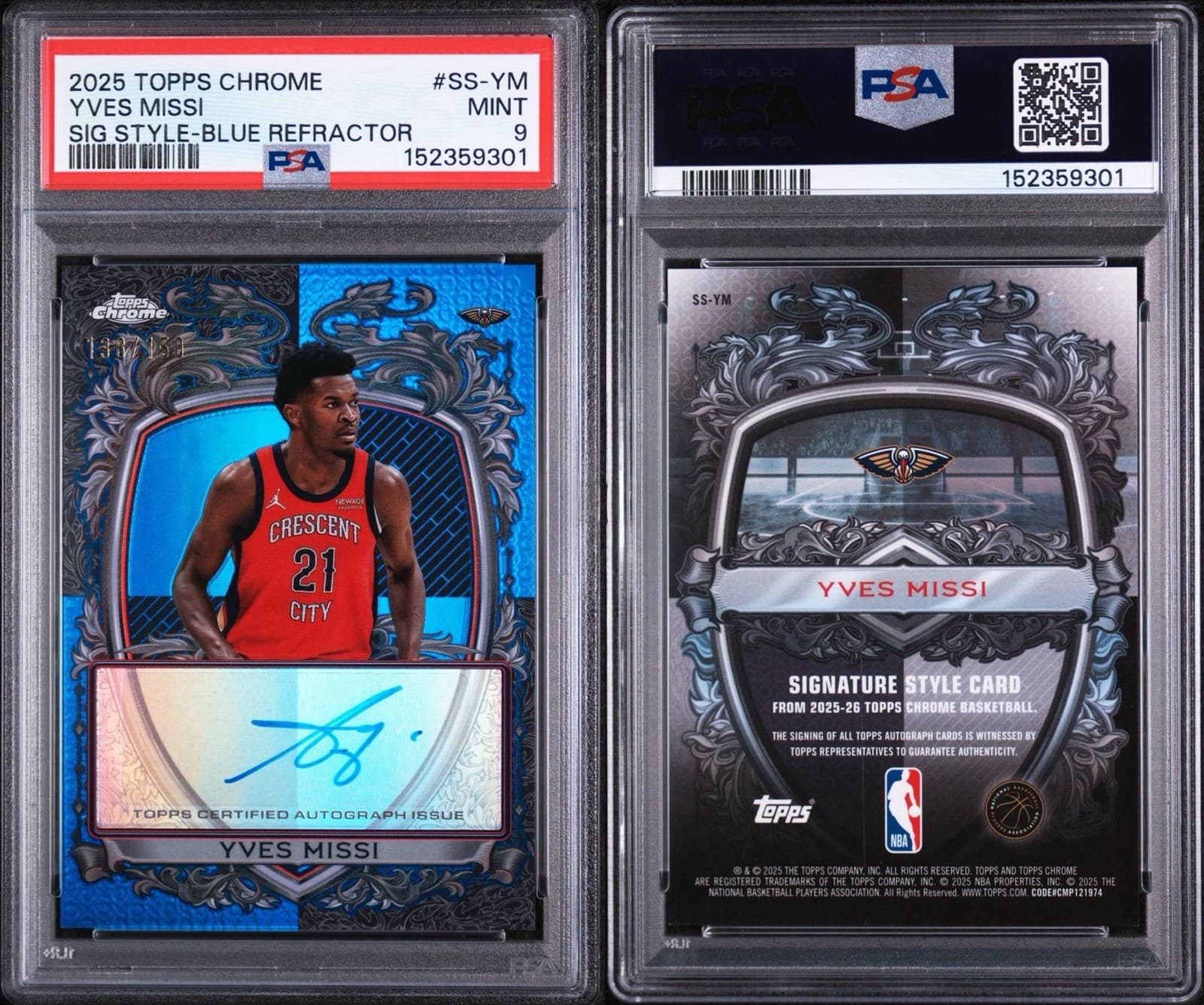 2025 TOPPS CHROME SIGNATURE STYLE #SS-YM YVES MISSI -BLUE REFRACTOR /150. PSA 9